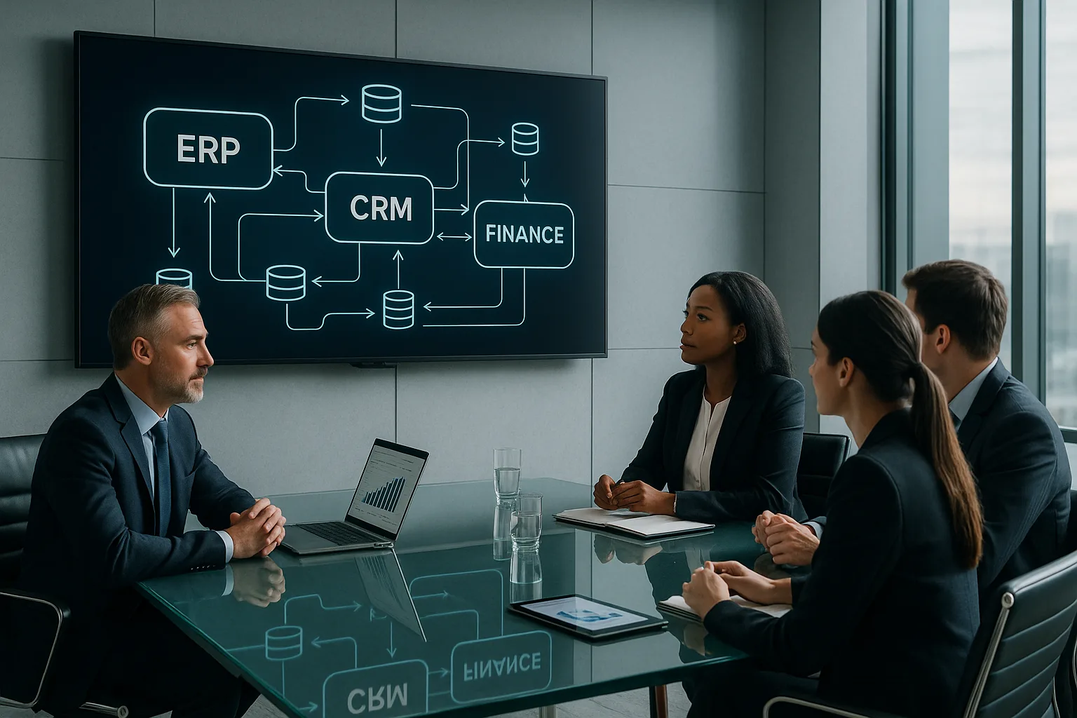 Business professionals in a modern conference room analyzing integrated ERP, CRM, and finance system dashboards on a large digital screen.