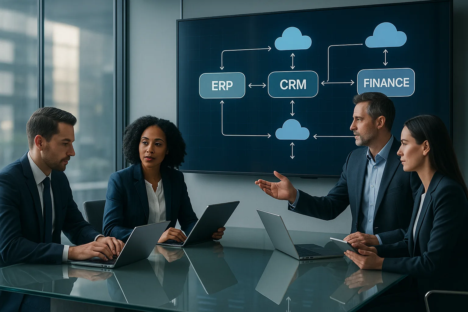 Business professionals in a modern office reviewing a digital dashboard of integrated ERP, CRM, finance, and service workflows.