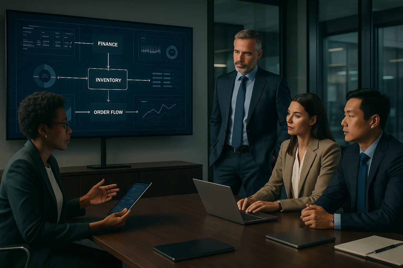 Executives and IT professionals collaborating in a modern office, analyzing digital dashboards for finance, inventory, and order management.