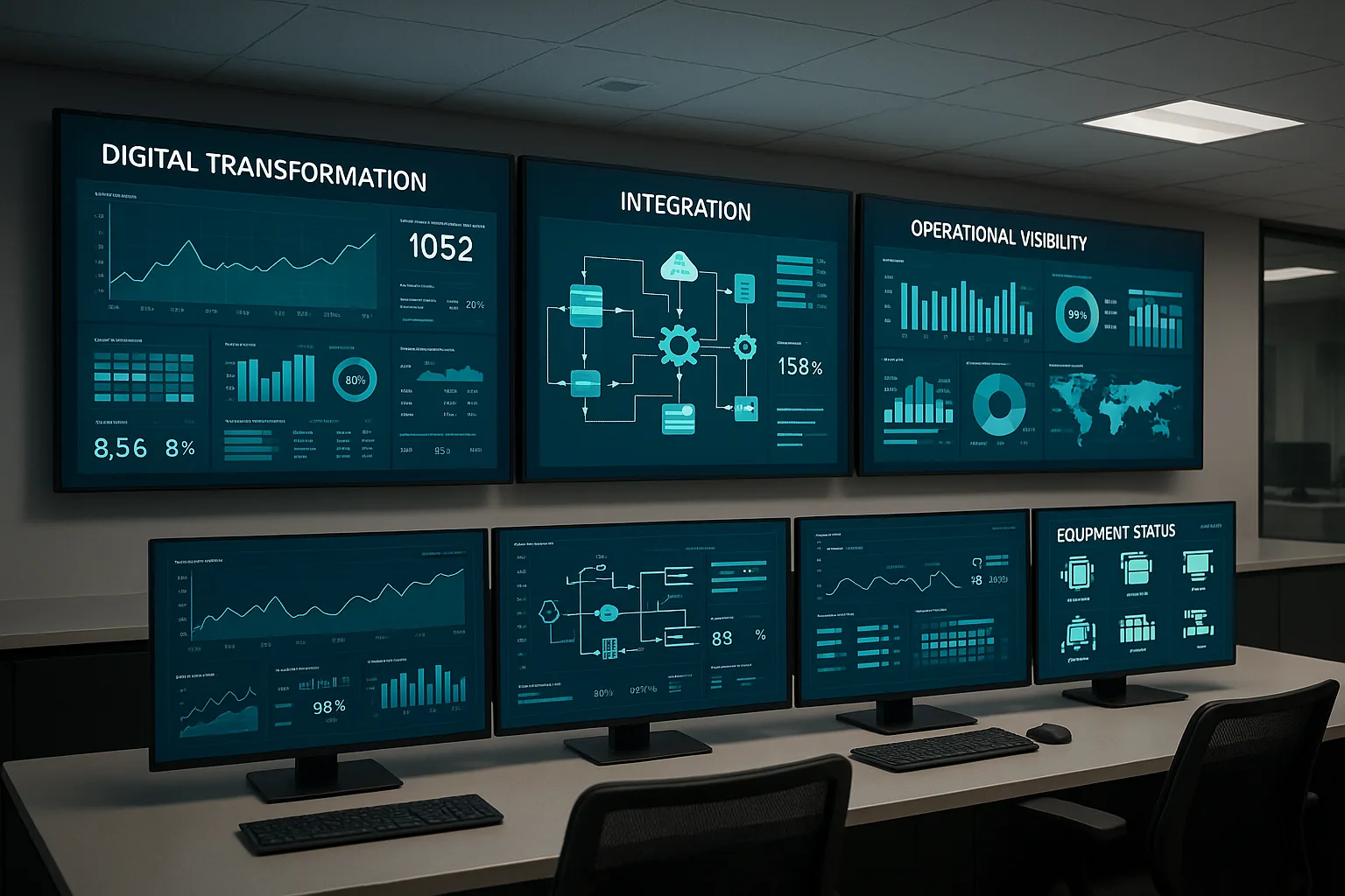 Industrial control room with integrated software dashboards and real-time operational data.