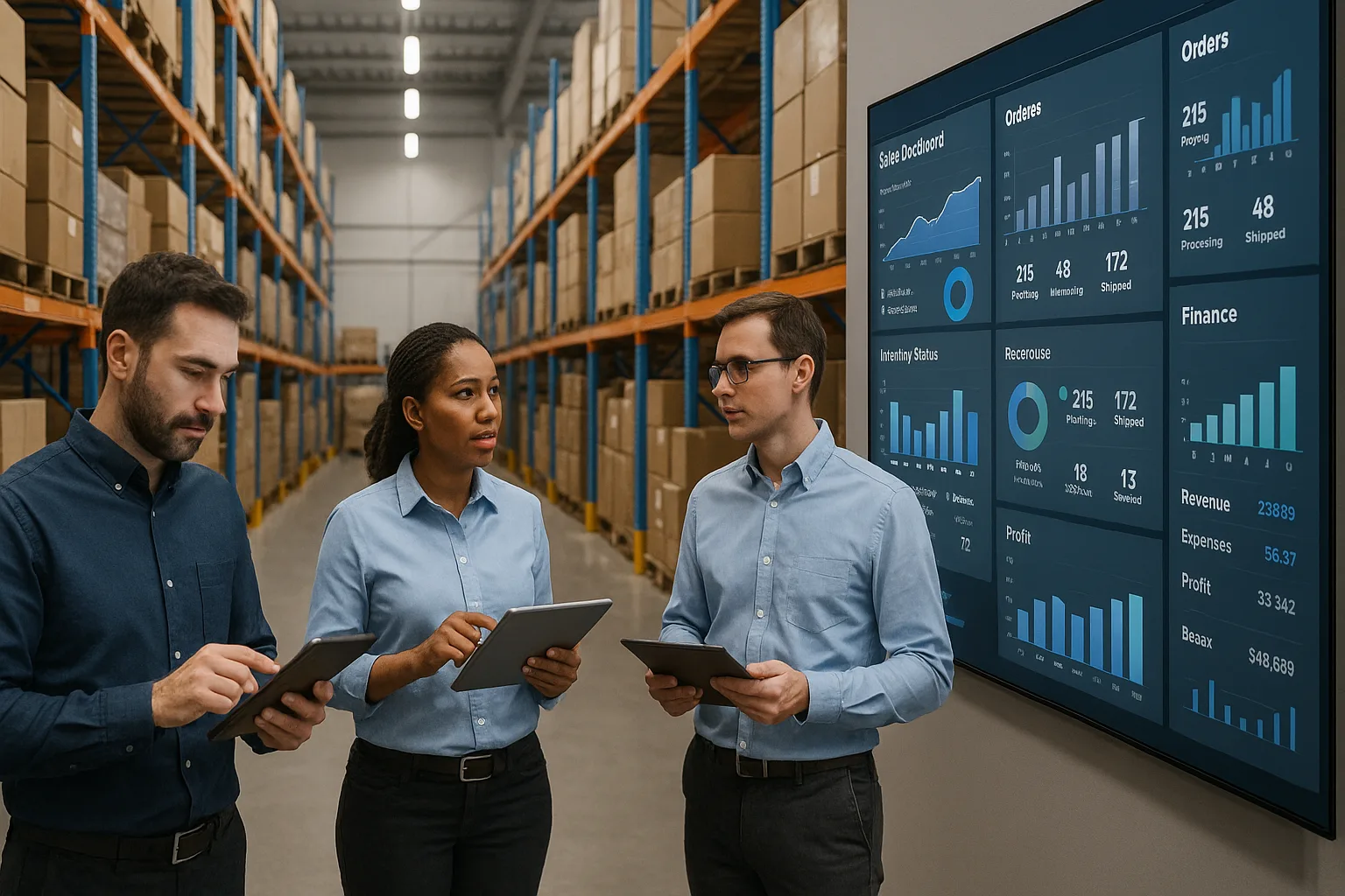 Warehouse teams coordinating inventory, sales, and fulfillment using digital tools and dashboards.