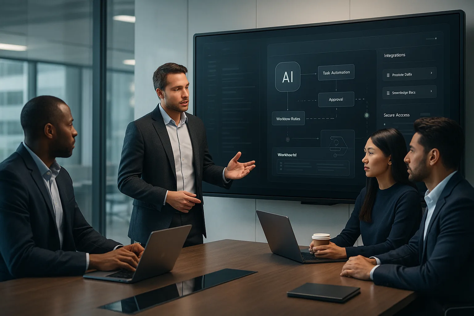 Corporate team collaborating with an AI-powered workflow dashboard in a modern executive office, illustrating enterprise technology and automation.