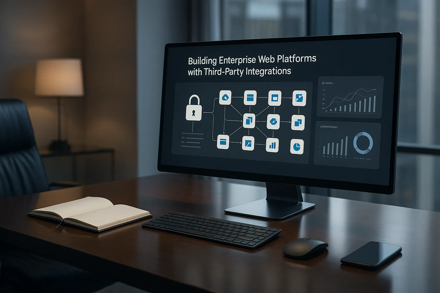Professional executive office showing a modern dashboard of enterprise web platforms with secure third-party integrations and data flows.