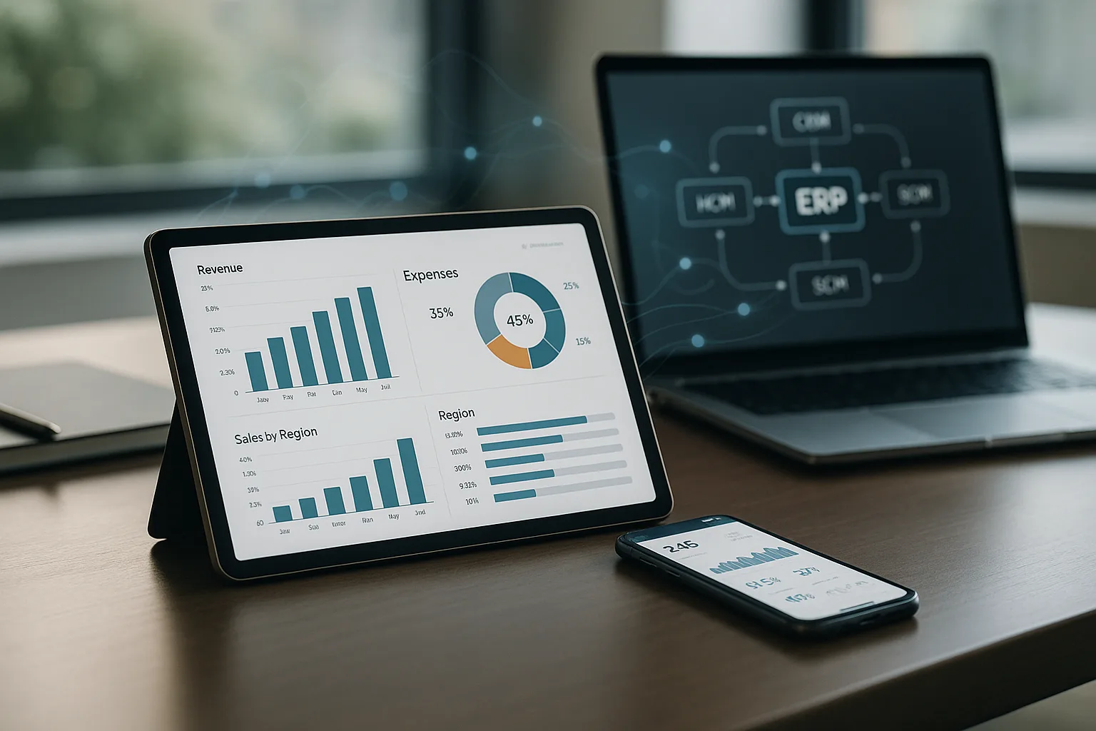 Modern executive workspace with mobile devices and business dashboards illustrating ERP integration