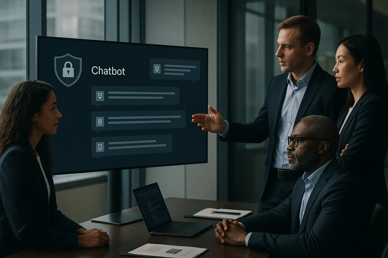 Business professionals collaborating around a digital display with a secure AI chatbot interface in a modern office setting.