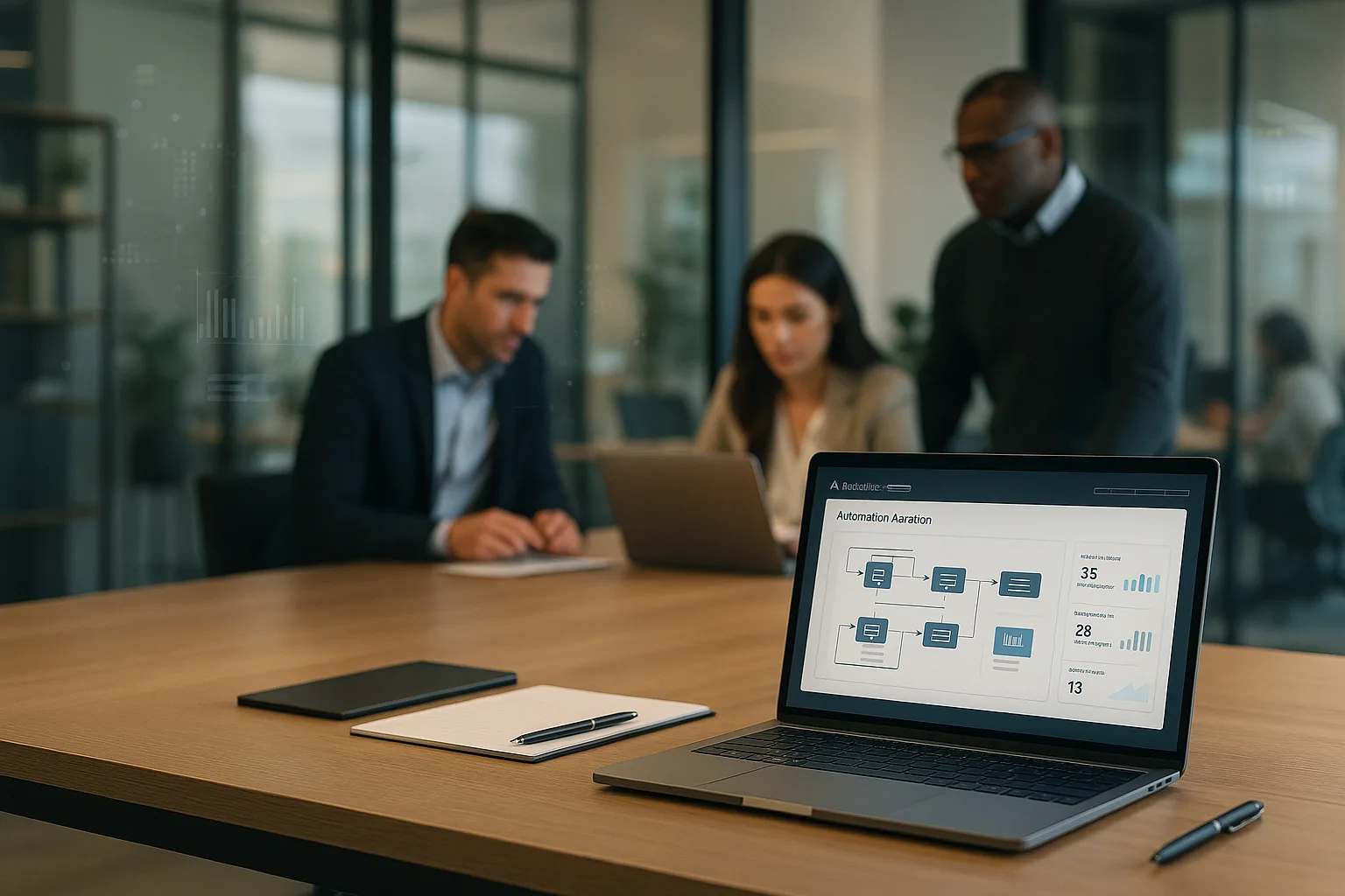 Modern executive workspace with digital automation dashboard and business team collaborating in a polished office environment