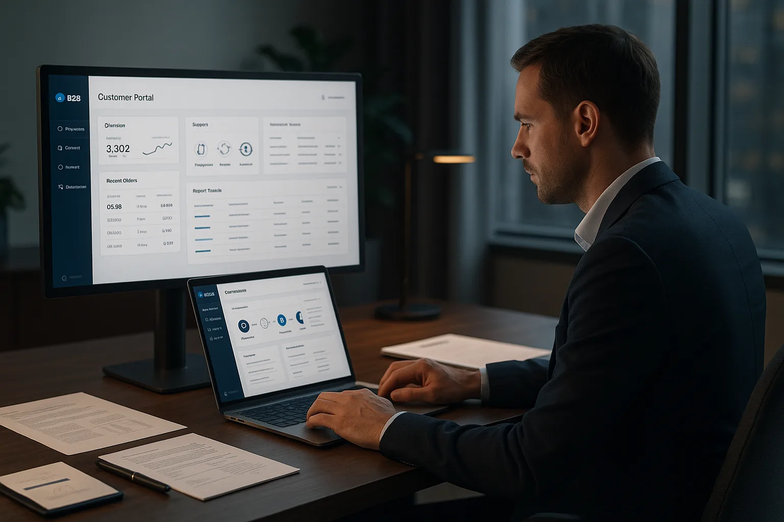 Business professional using a B2B customer portal on a laptop in a modern executive workspace, with digital contract and document management elements visible.