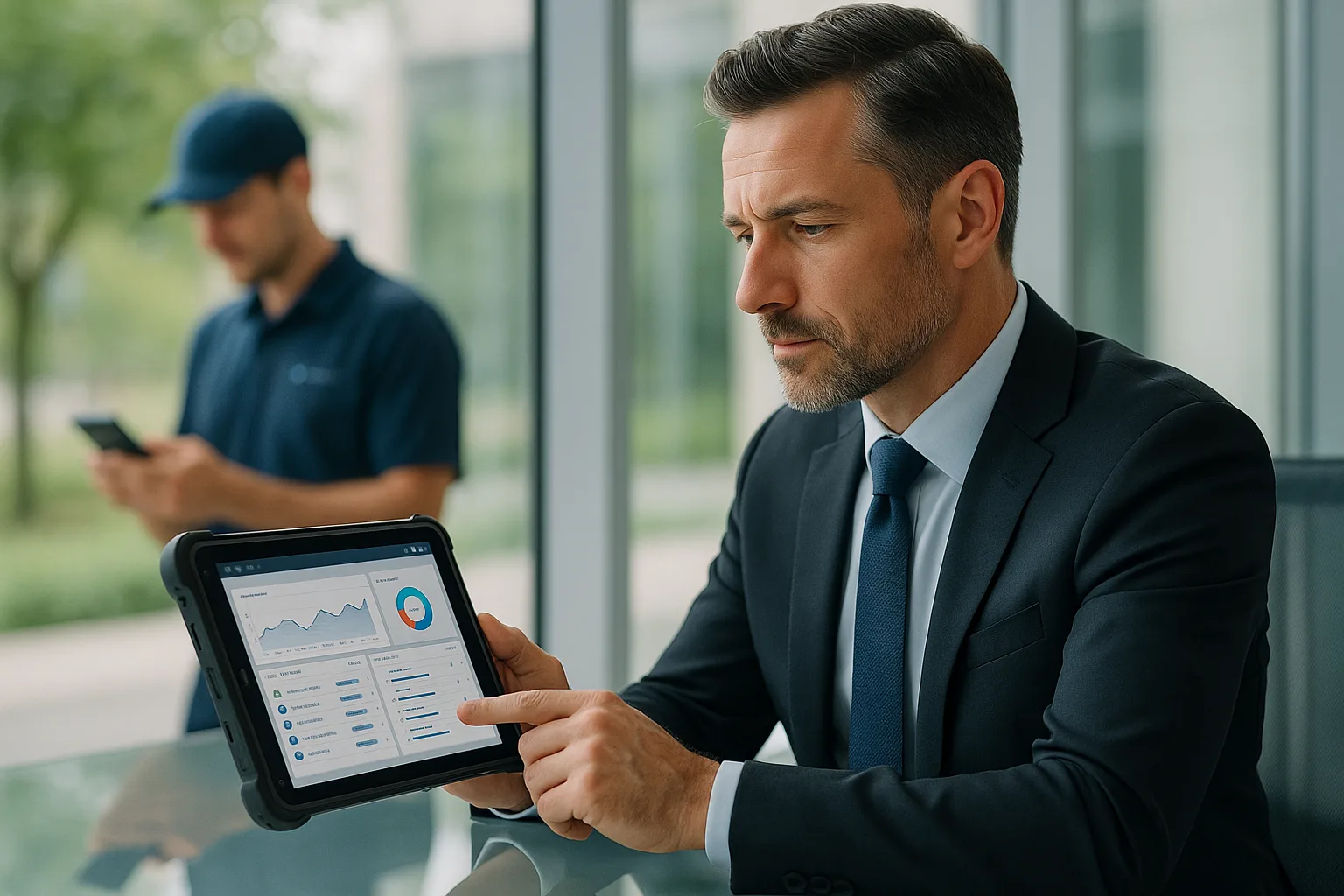 Business executive reviewing field operations app on tablet, with field technician working outdoors, in a modern office setting.