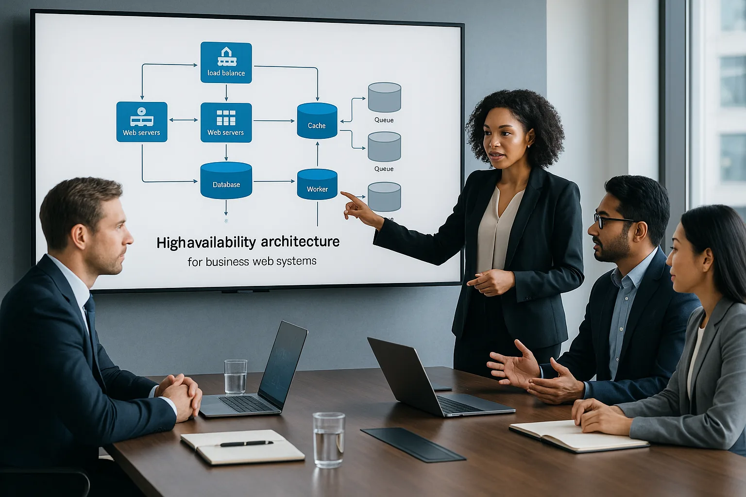 Business and IT professionals in a modern executive meeting room reviewing a high-availability system architecture diagram on a digital display.