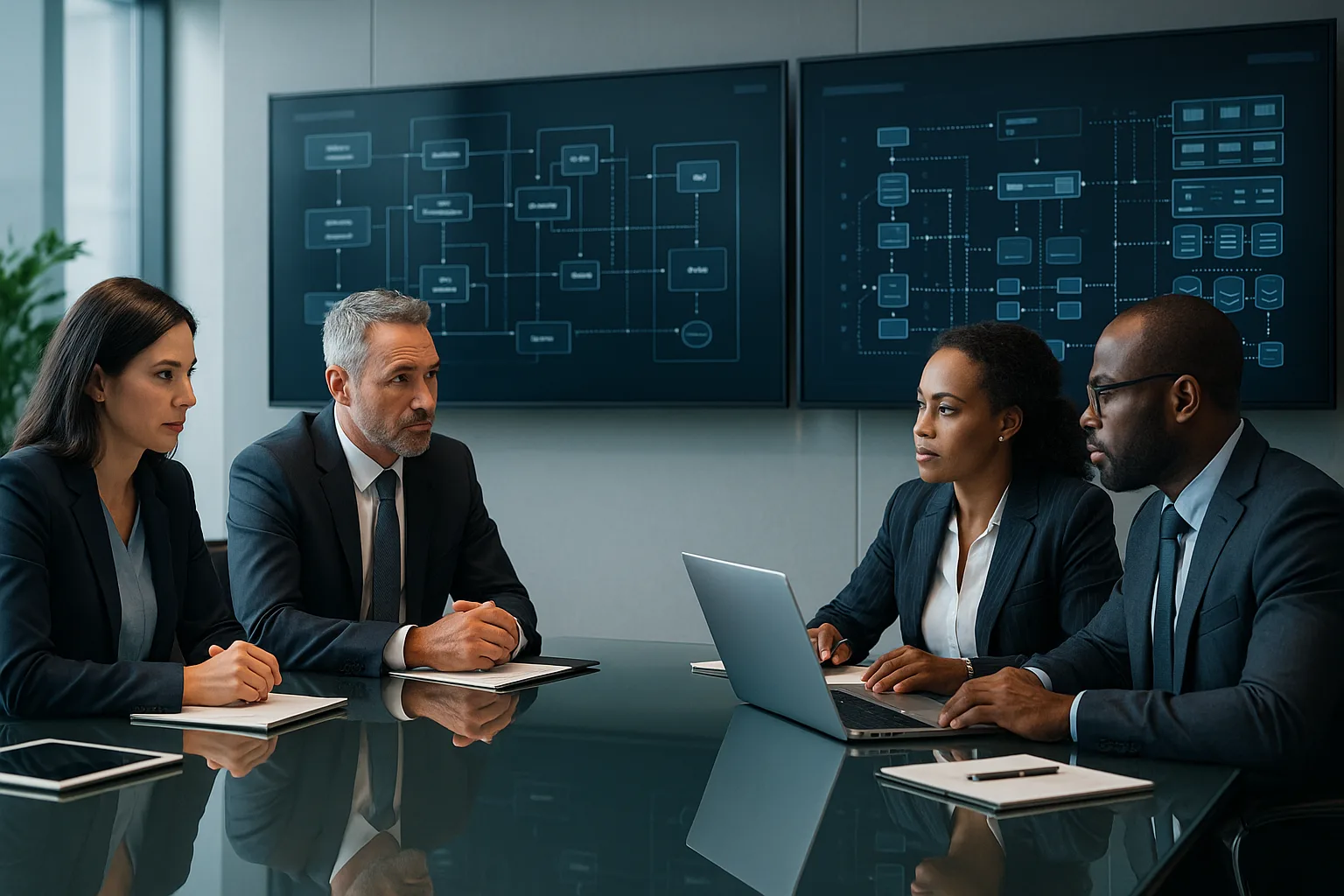 Executive team in a modern meeting room reviewing software architecture diagrams and integration plans on digital screens, representing custom software estimation for critical operations.