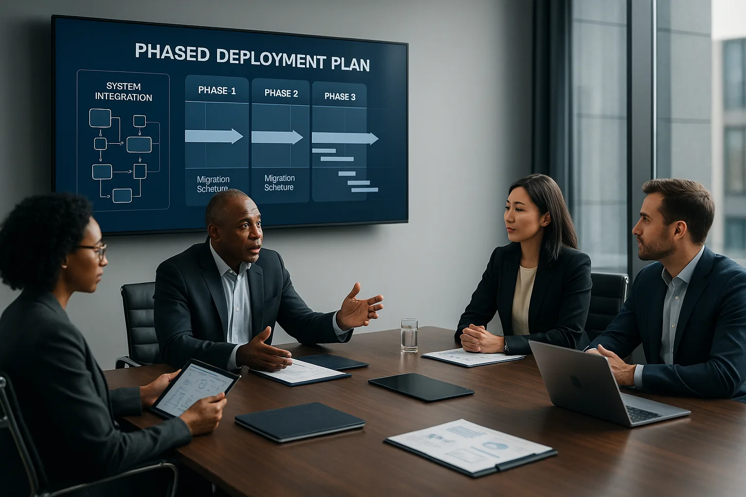 Executives and IT professionals collaborating in a modern meeting room, reviewing a phased enterprise system rollout plan on a digital display.