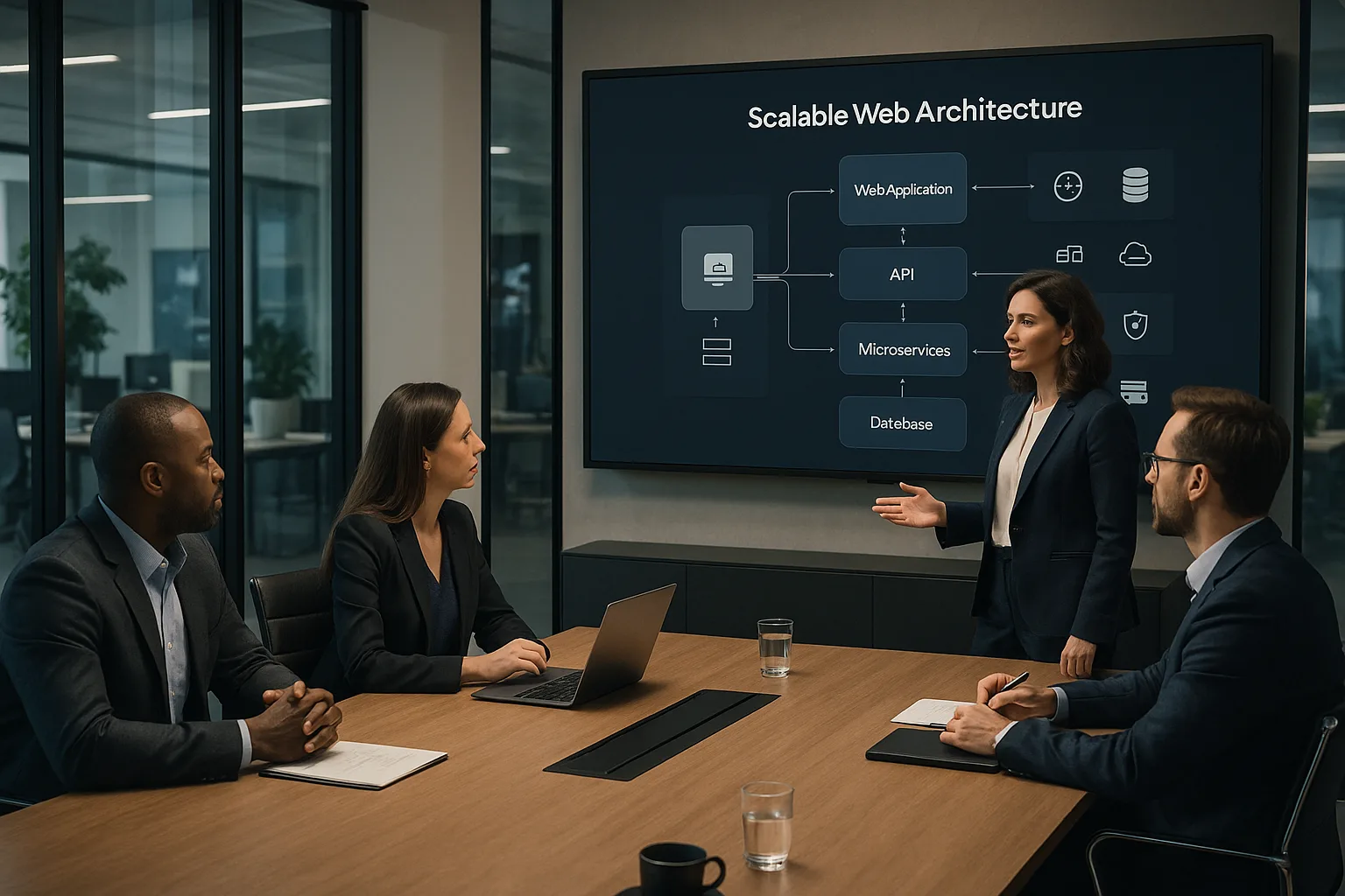 Enterprise team planning a scalable web product in a modern executive meeting room with digital architecture diagrams.