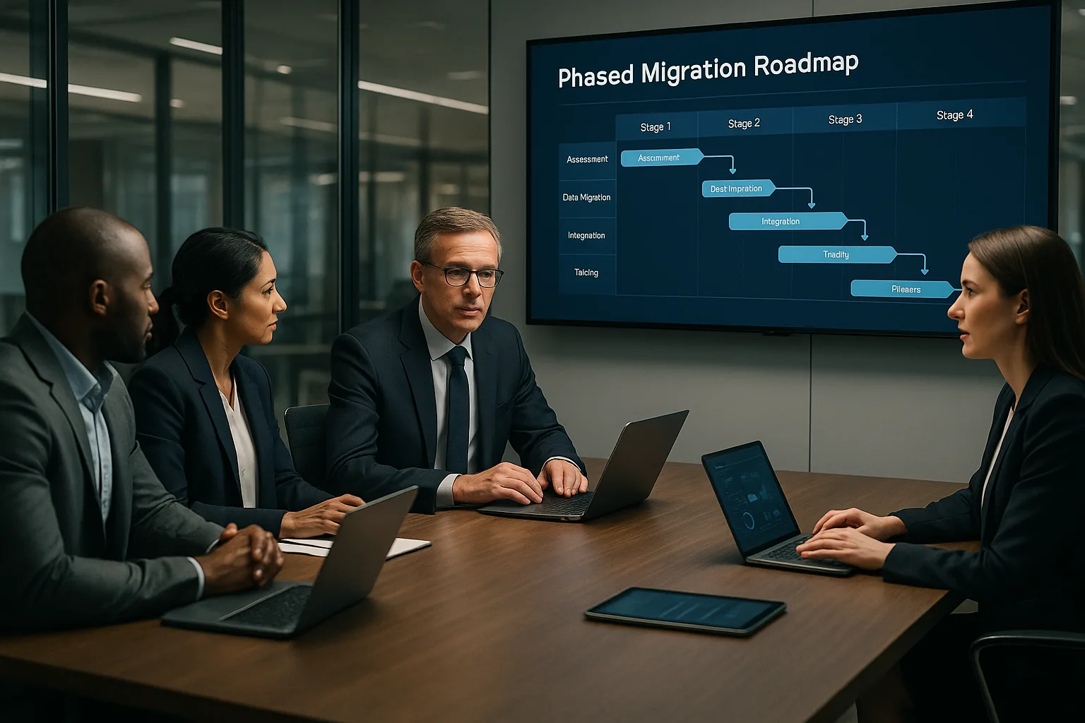 Business and IT professionals collaborating in a modern boardroom, reviewing a digital migration roadmap on a large screen, representing phased legacy system modernization.