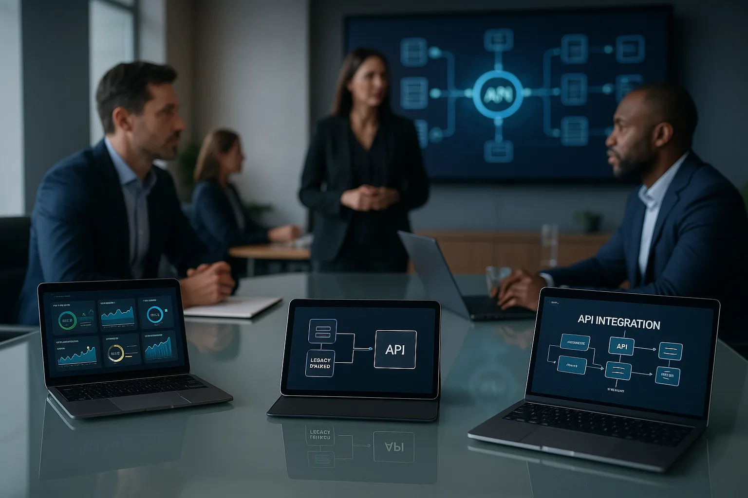 Modern executive workspace with digital devices showing integration dashboards and professionals collaborating in front of a data flow screen.