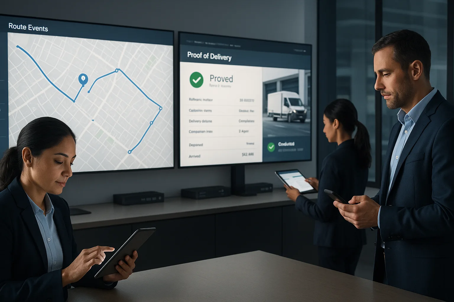 Modern logistics operations center with professionals using mobile devices and digital dashboards to monitor deliveries and route events.