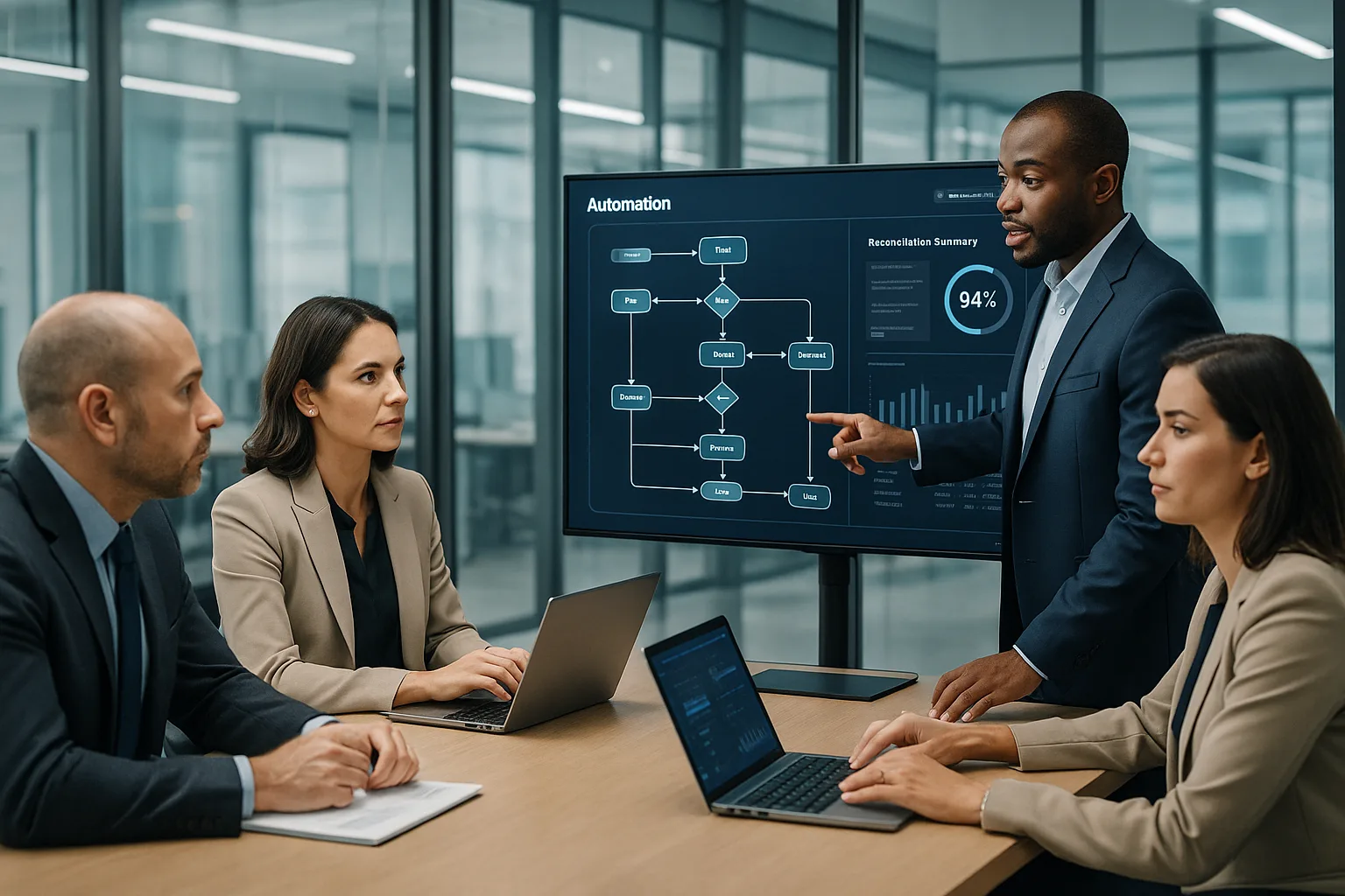 Business professionals reviewing automated workflow dashboards in a modern corporate office, illustrating operational automation and reduced rework.