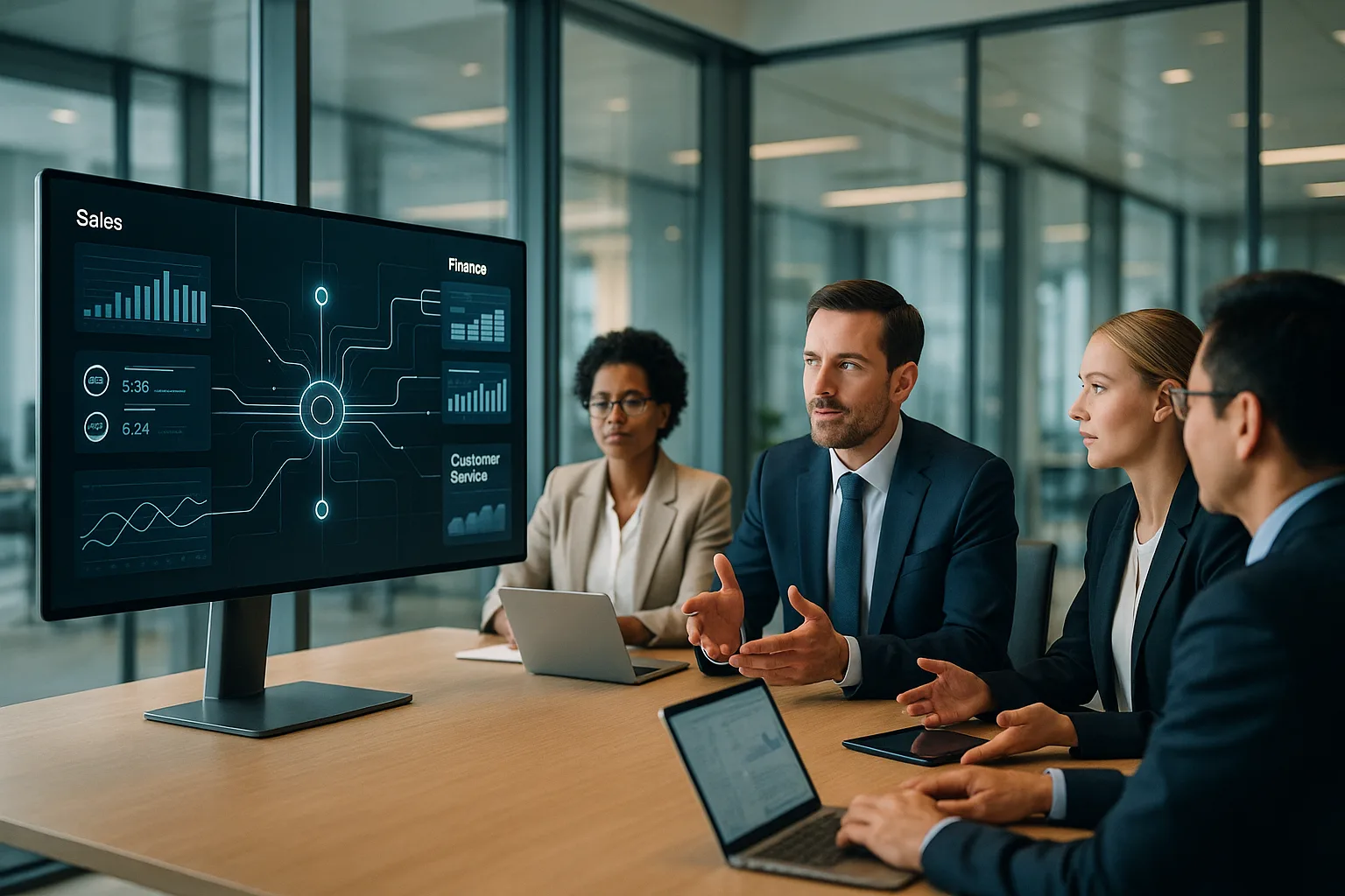 Modern executive office with professionals collaborating in front of a digital dashboard showing unified sales, finance, and customer service data.