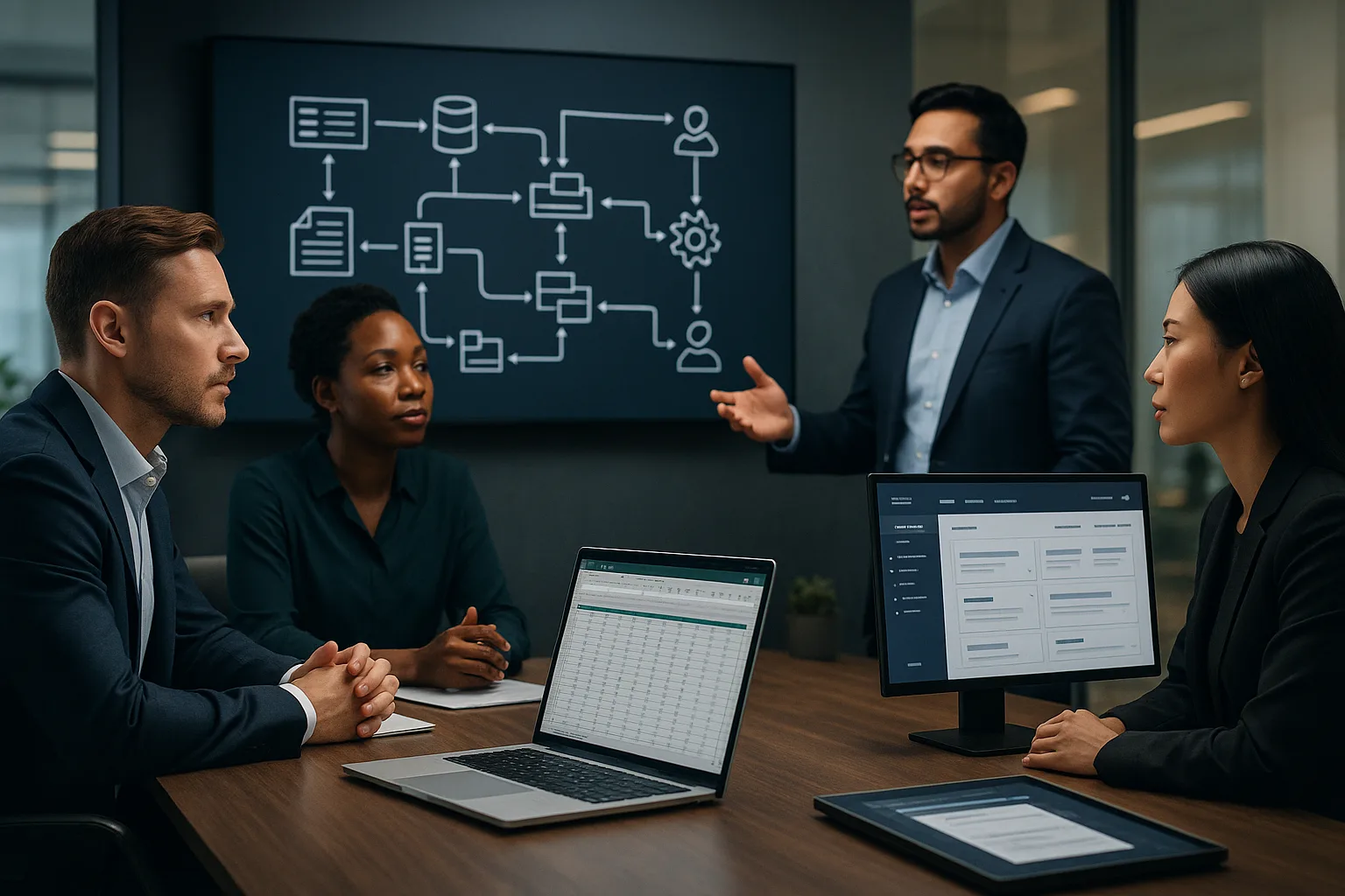 Business professionals in a modern office reviewing data on a digital display, with spreadsheets and custom software interfaces visible, illustrating the transition from manual to automated business processes.