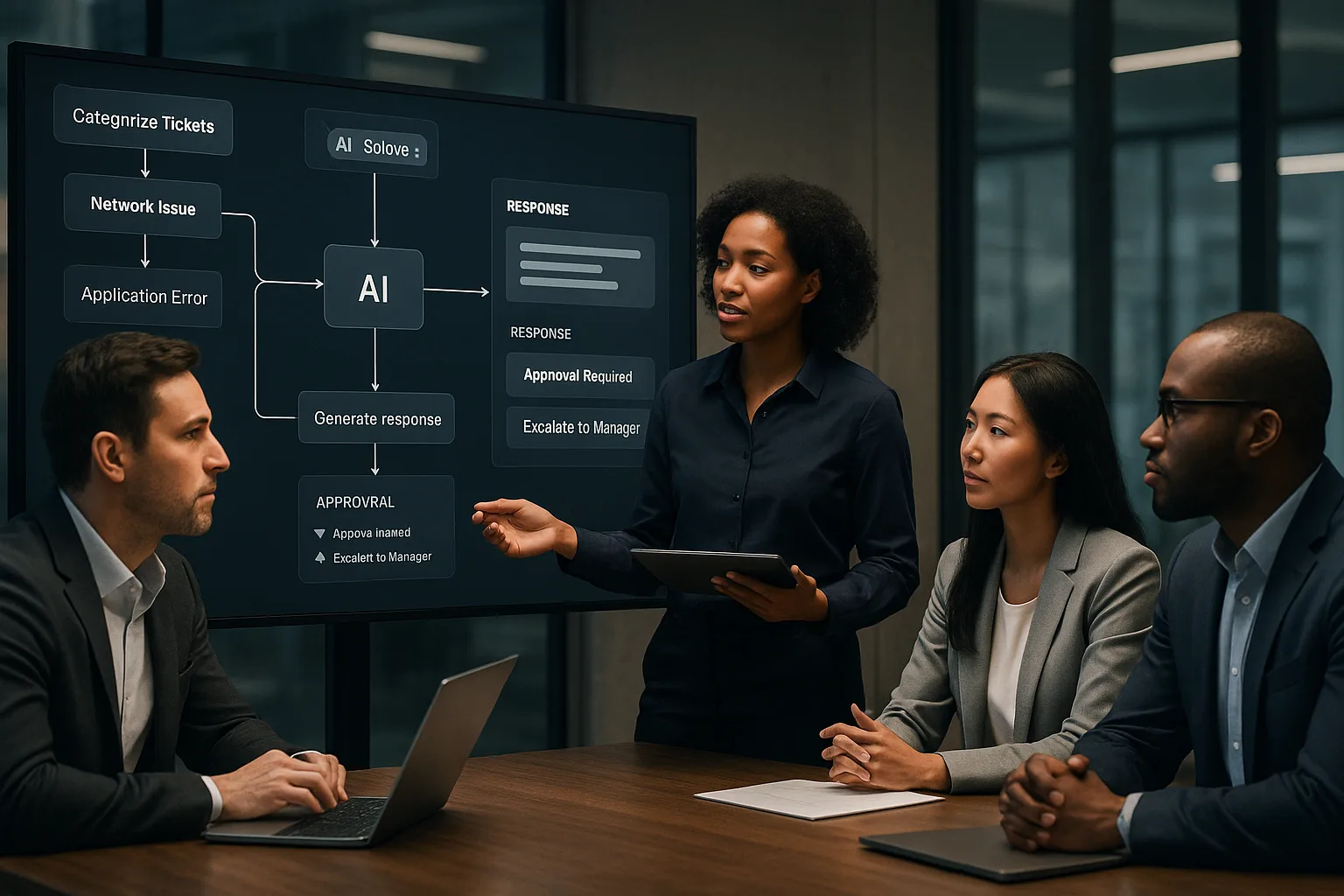 Enterprise professionals collaborating around a digital workflow dashboard showing AI-driven ticket triage and response automation in a modern office setting.