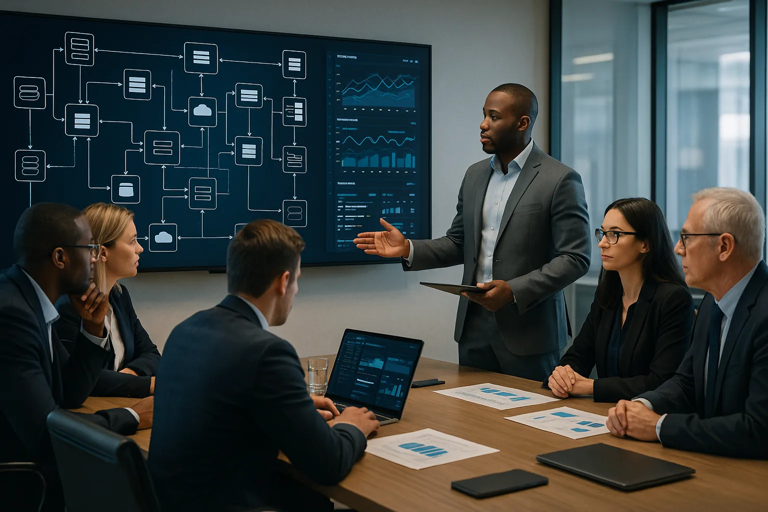 Modern executive meeting room with professionals reviewing system integration diagrams and monitoring dashboards on a large digital display.