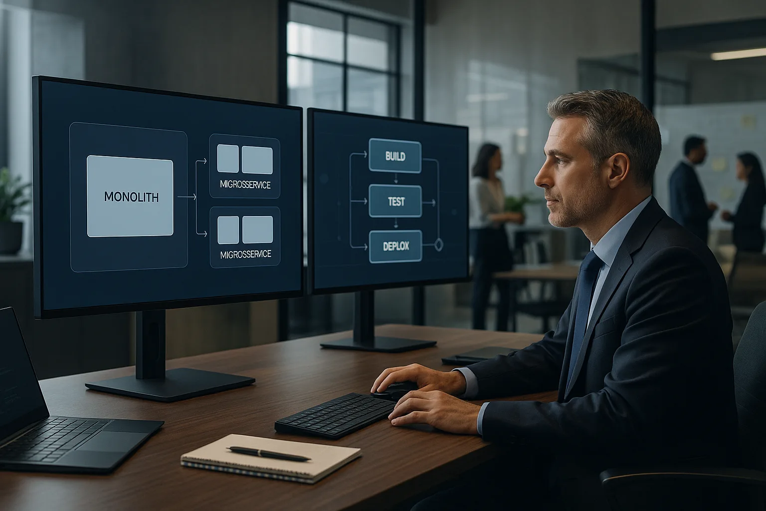 Modern executive workspace with digital screens showing software architecture and deployment pipelines, representing enterprise system migration.
