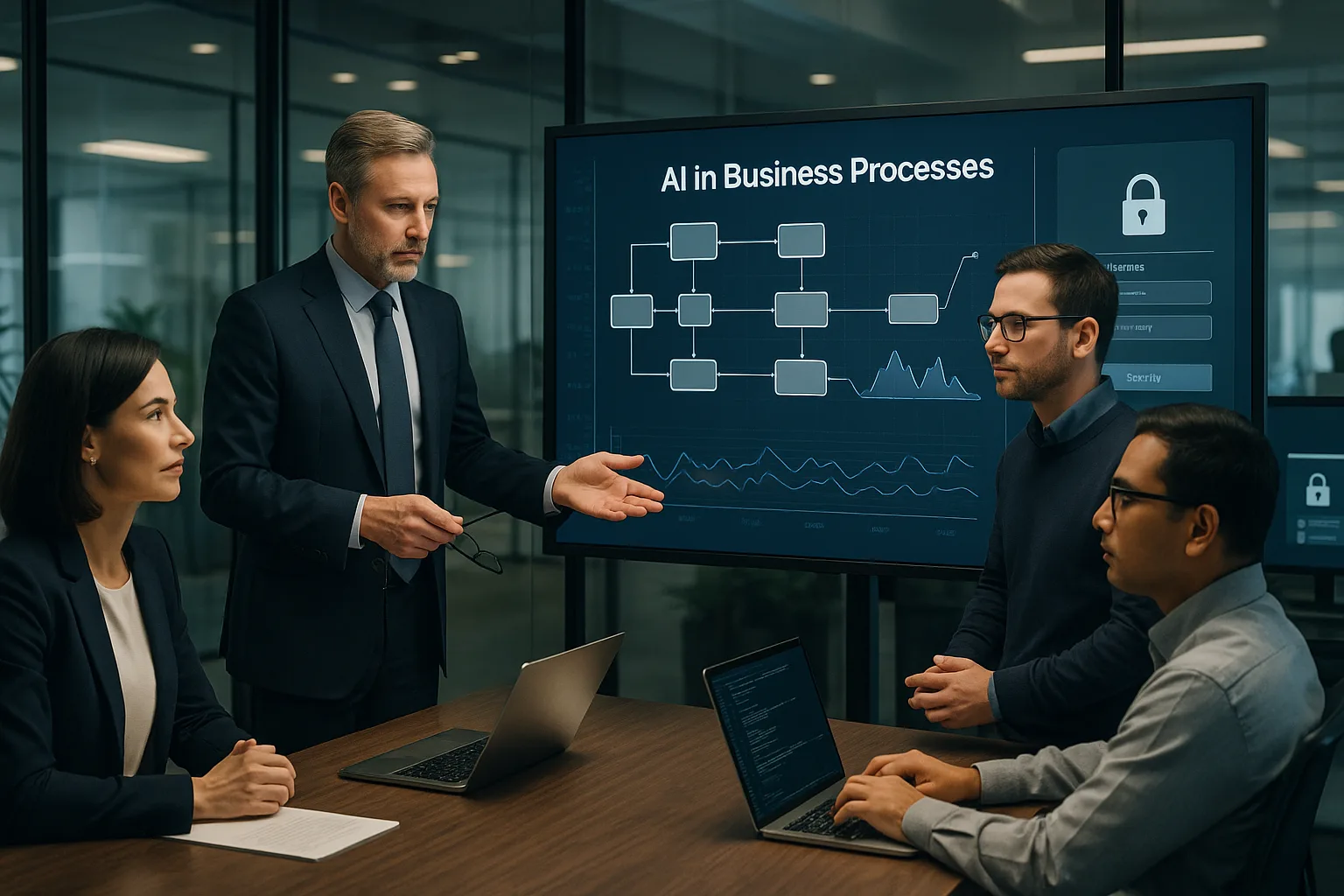Executives and IT professionals collaborating in a modern office, reviewing AI-driven business process analytics on a digital dashboard.