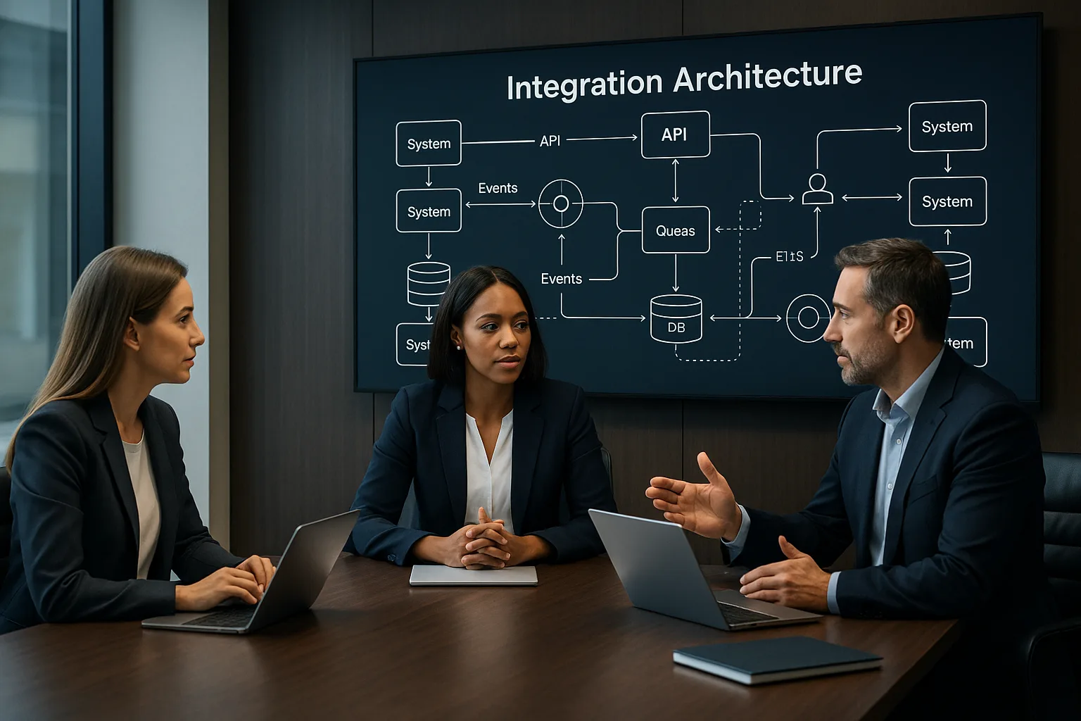 Business professionals collaborating in a modern executive office, reviewing digital system integration diagrams on a large display.