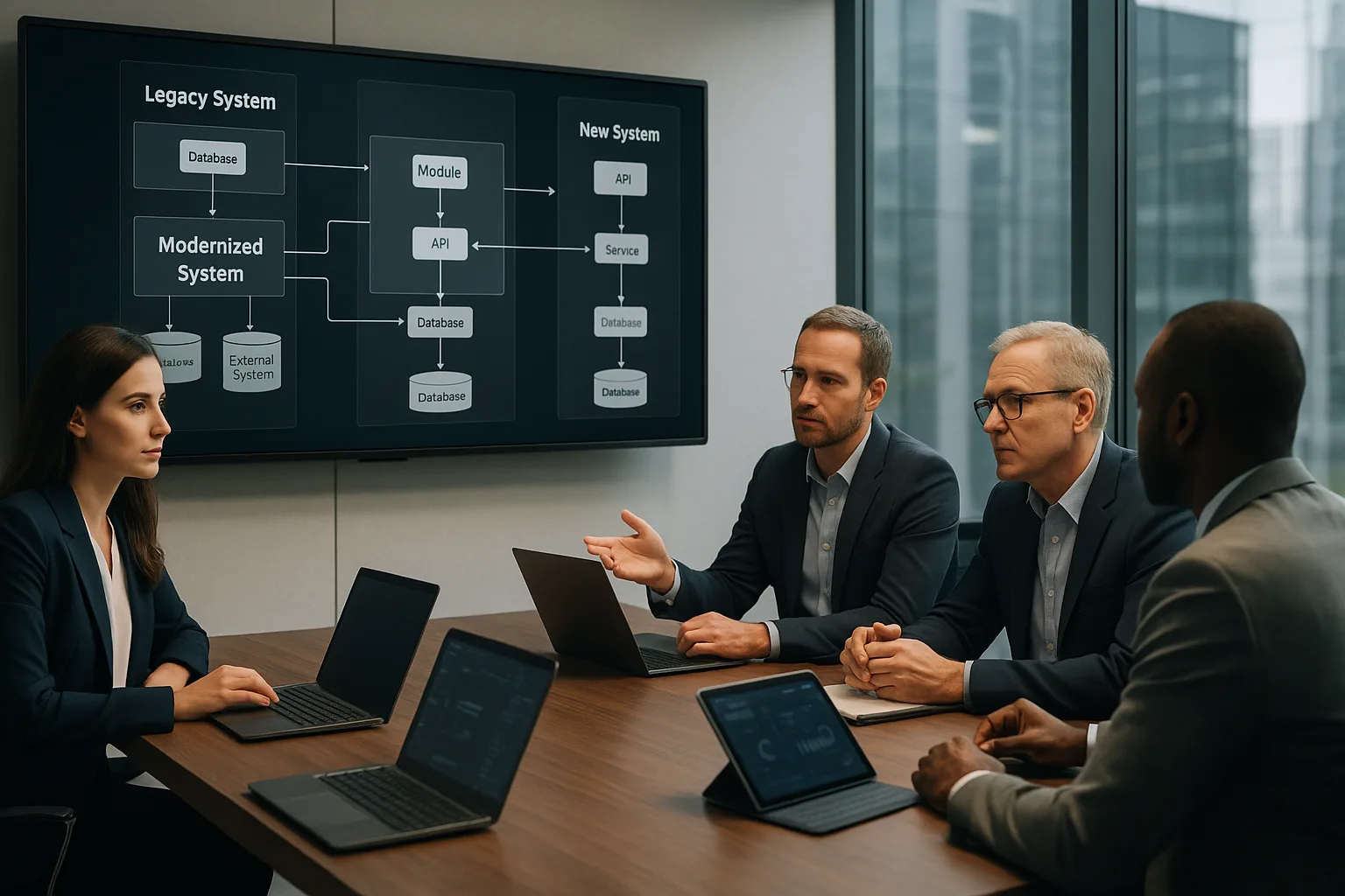Business and IT professionals in a modern executive meeting room reviewing software modernization strategies on a large digital display.