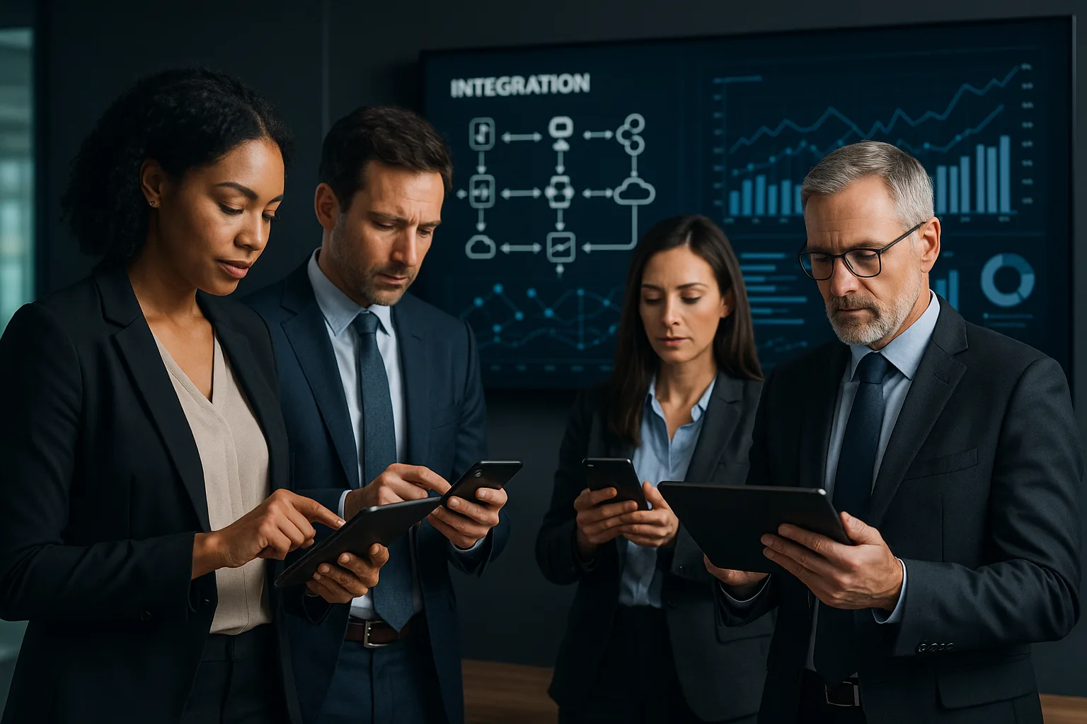 Executivos em ambiente corporativo moderno analisando dados em tablets e smartphones, com telas mostrando gráficos e integrações digitais, representando mobilidade e integração de sistemas empresariais.