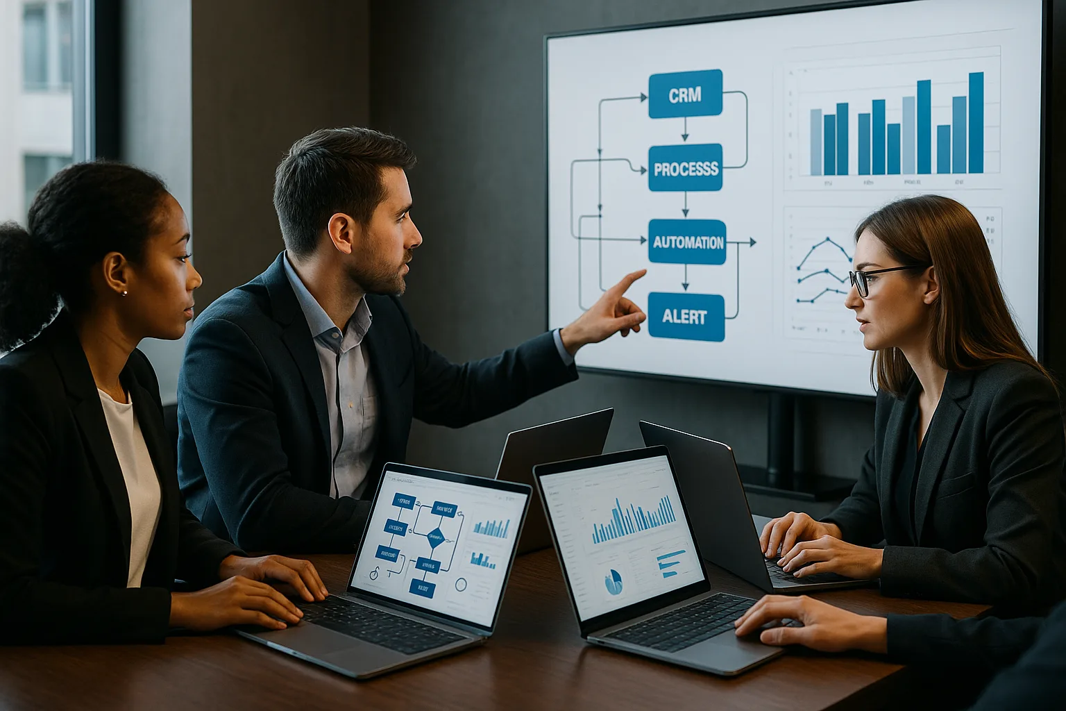 Executivos analisando dashboards de automação e integração de processos empresariais em ambiente corporativo moderno.