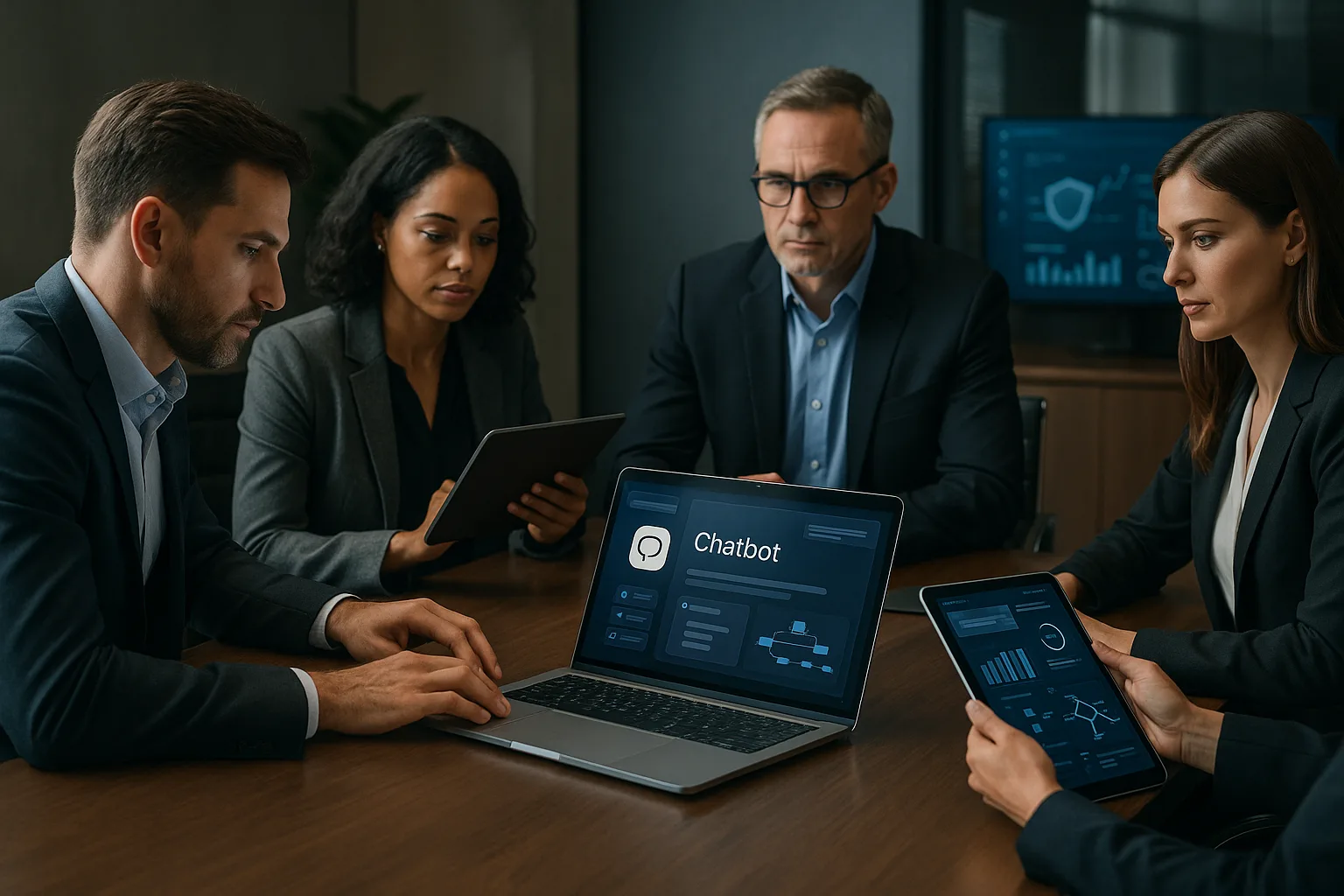 Equipe executiva e de TI analisando chatbot corporativo em ambiente empresarial moderno, com telas mostrando fluxos de dados e interface de software, transmitindo segurança e tecnologia.