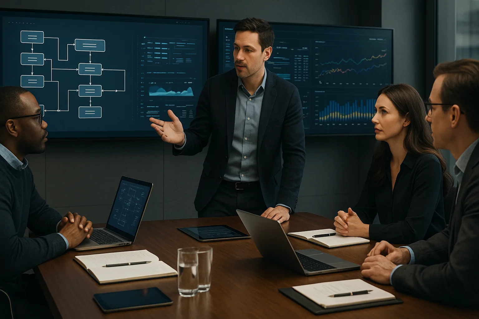 Equipe executiva e de tecnologia reunida em ambiente moderno, analisando fluxos de software e dados em telas grandes, representando a estruturação de produto web empresarial escalável.