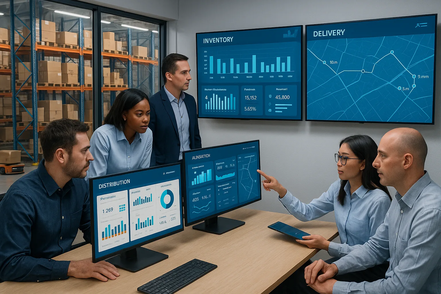 Equipe de distribuidora analisando dashboards digitais com estoque e rotas de entrega integrados.