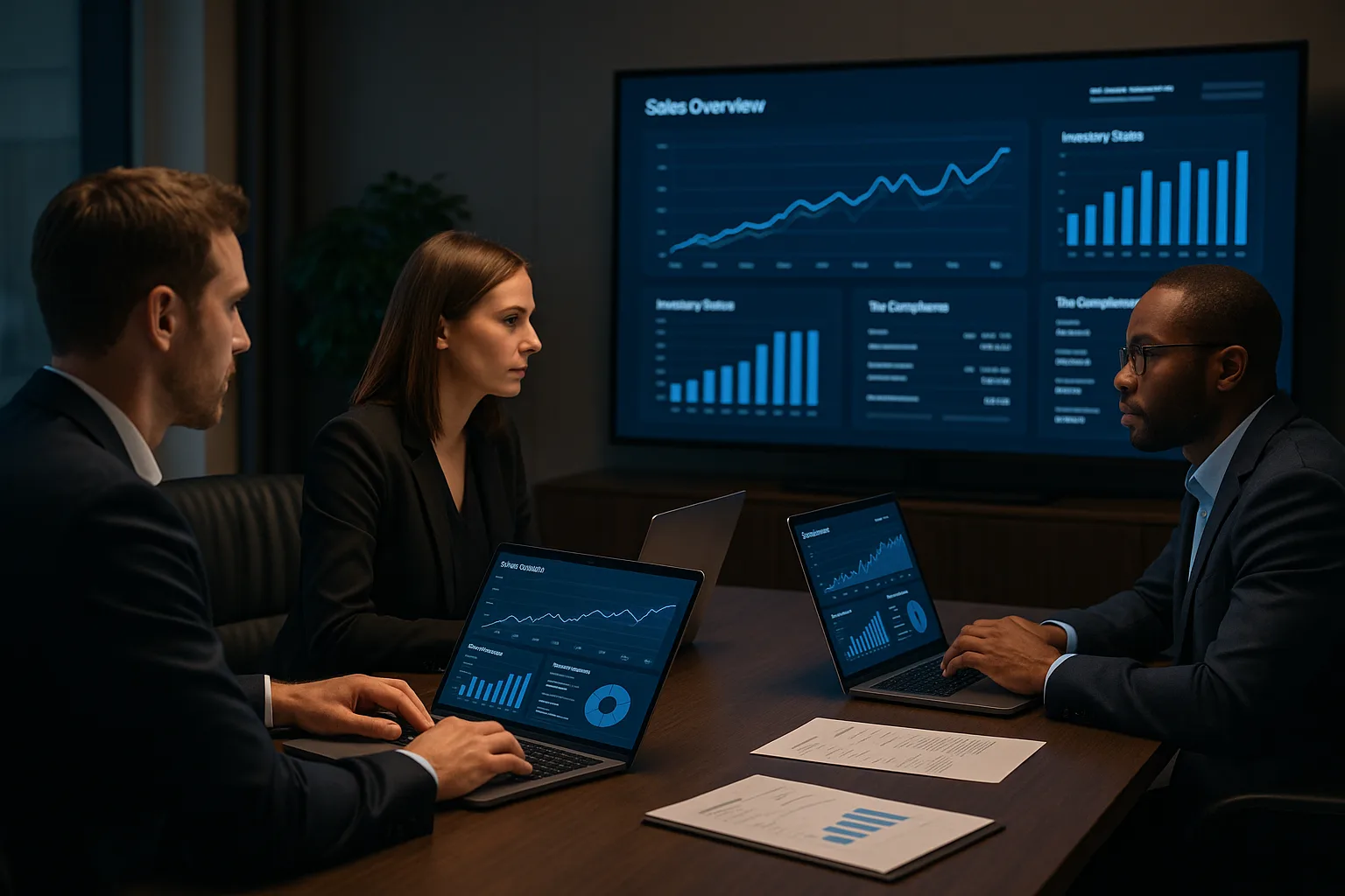 Profissionais em ambiente executivo analisando dashboards digitais de vendas, estoque e integrações fiscais, representando ERP personalizado para distribuidoras e atacado.
