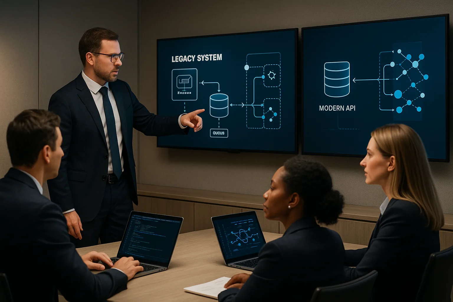 Equipe executiva em sala de reunião moderna analisando integrações entre sistemas legados e APIs modernas em telas digitais.