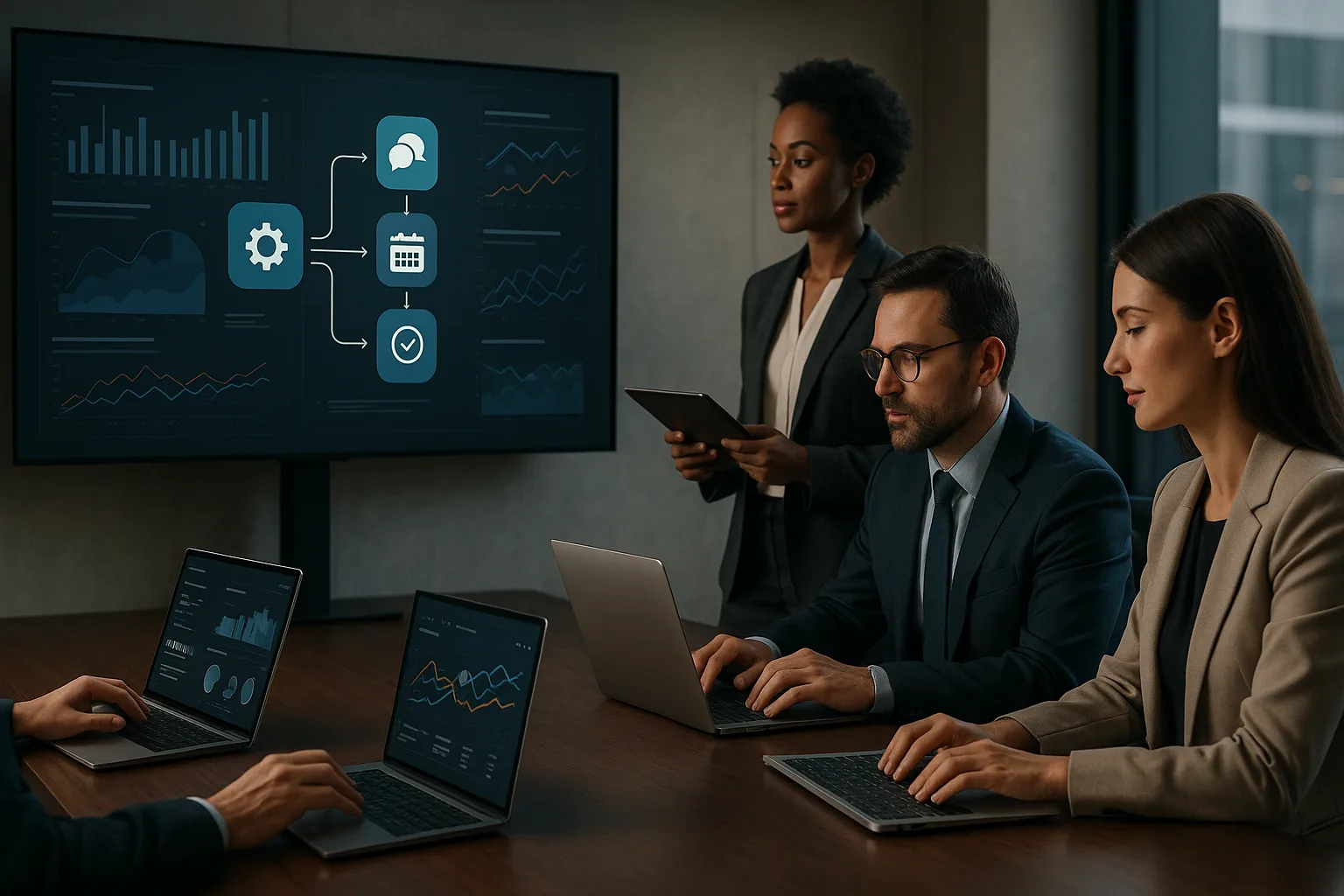 Ambiente executivo moderno com profissionais analisando integrações de sistemas em telas e notebooks, cenário limpo e sofisticado.