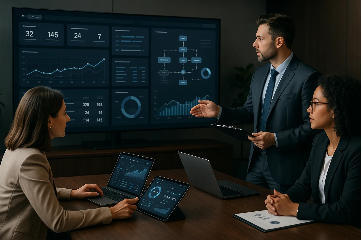 Equipe executiva analisando dashboards digitais e fluxos de aprovação em um ambiente corporativo moderno, representando centralização operacional via sistema corporativo sob medida.