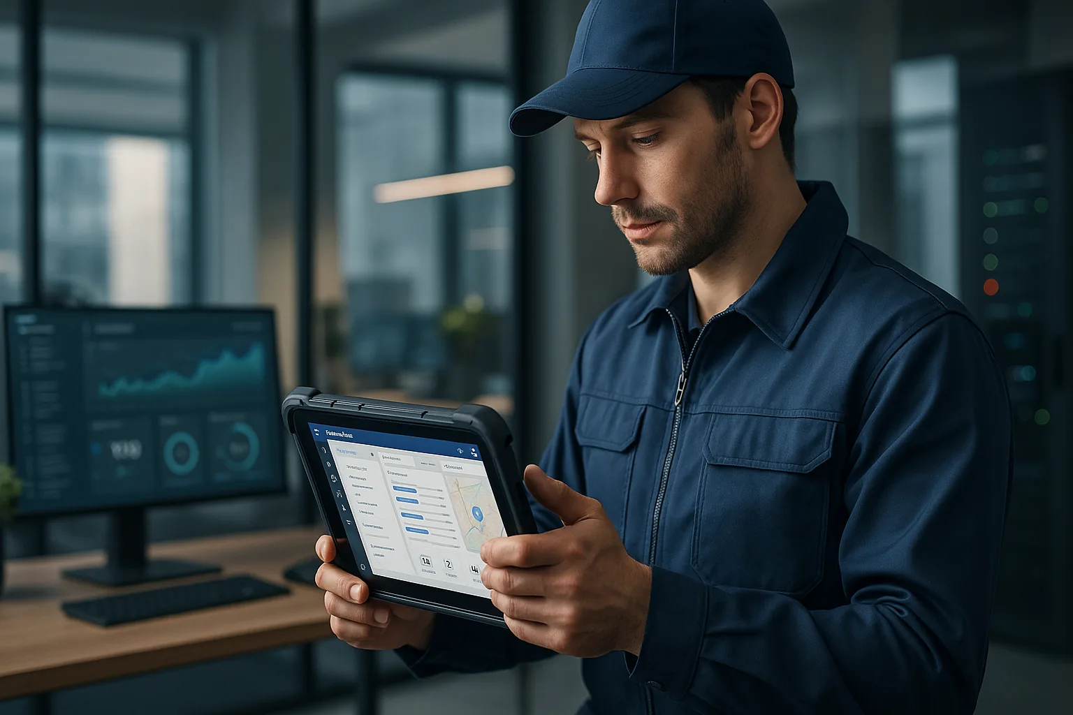 Profissional de campo utilizando aplicativo corporativo em tablet robusto, ambiente executivo moderno, interface limpa e elementos de tecnologia ao fundo.