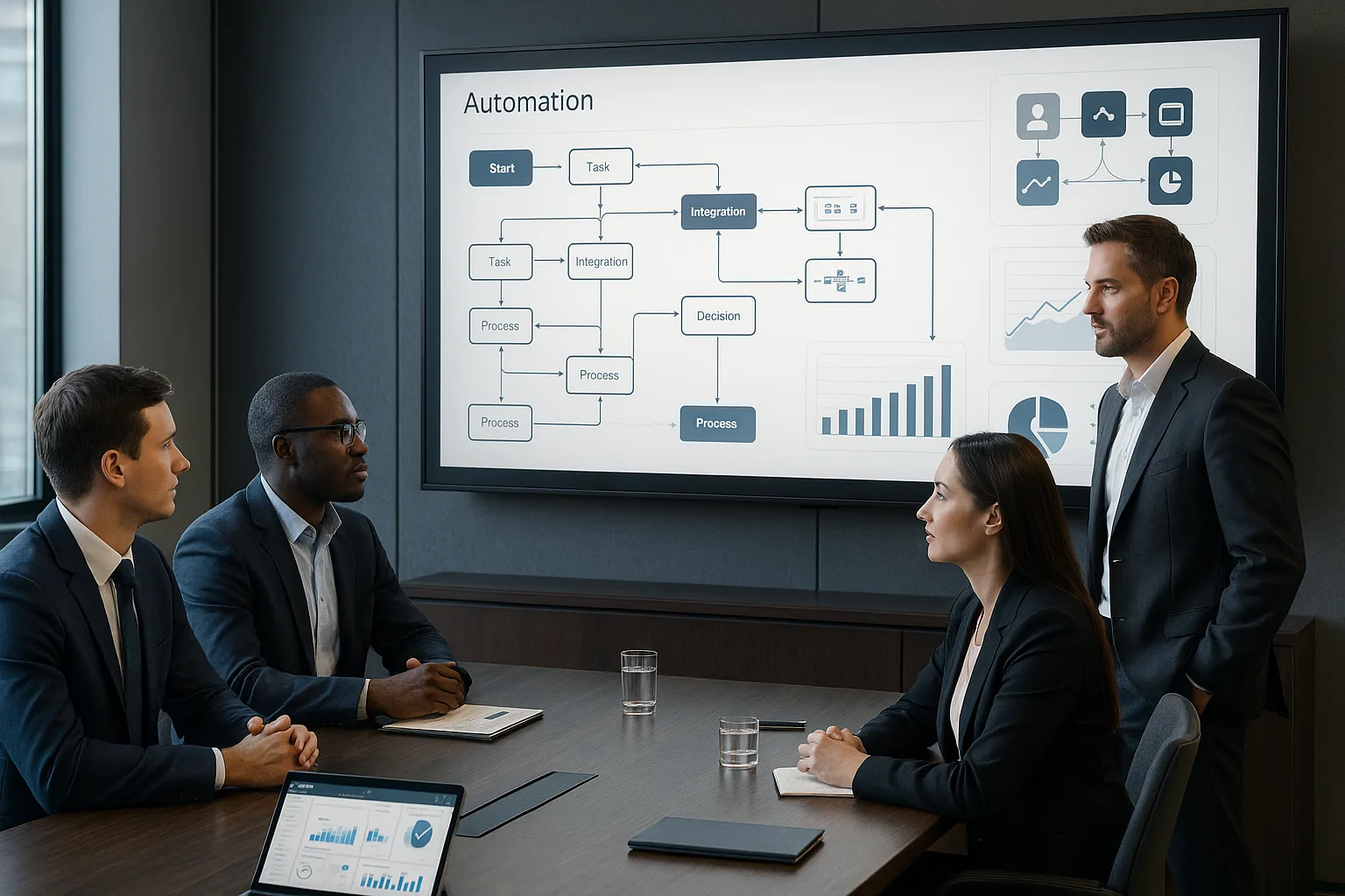 Ambiente corporativo moderno com gestores analisando fluxos de automação e dashboards em tela digital, representando automação de backoffice em empresas em crescimento.