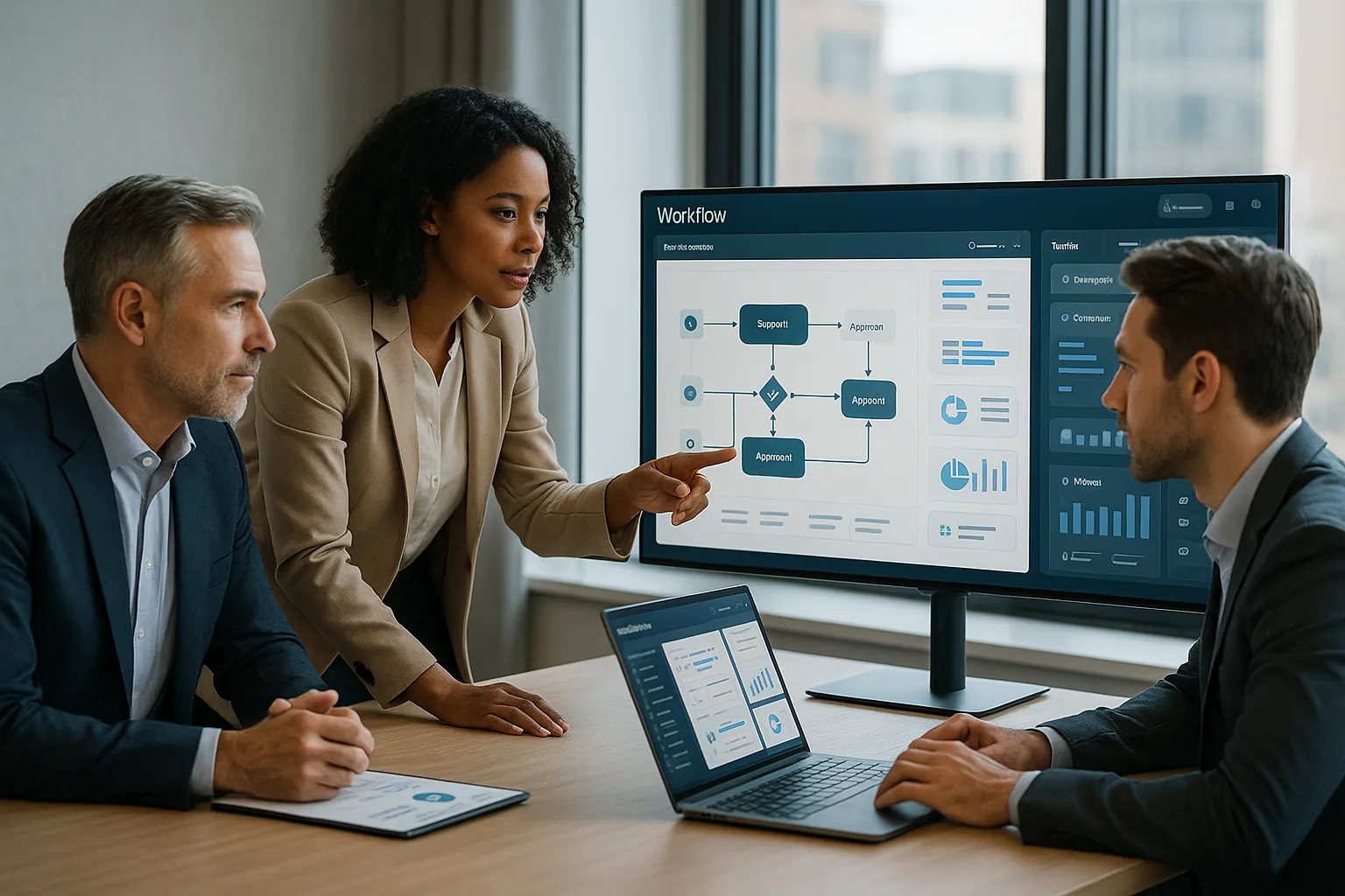 Ambiente executivo moderno com profissionais analisando um dashboard de workflow digital, representando automação de fluxos de aprovação entre setores.