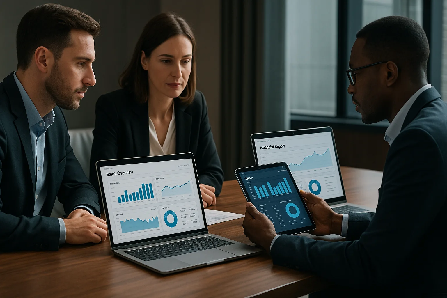 Gestores em ambiente executivo moderno analisando dashboards integrados de vendas, financeiro e atendimento em notebooks e tablets, representando centralização de sistemas empresariais.