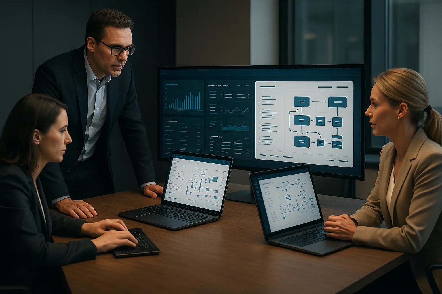 Equipe executiva e de TI analisando sistemas corporativos em ambiente moderno, com telas exibindo integrações e dados empresariais.