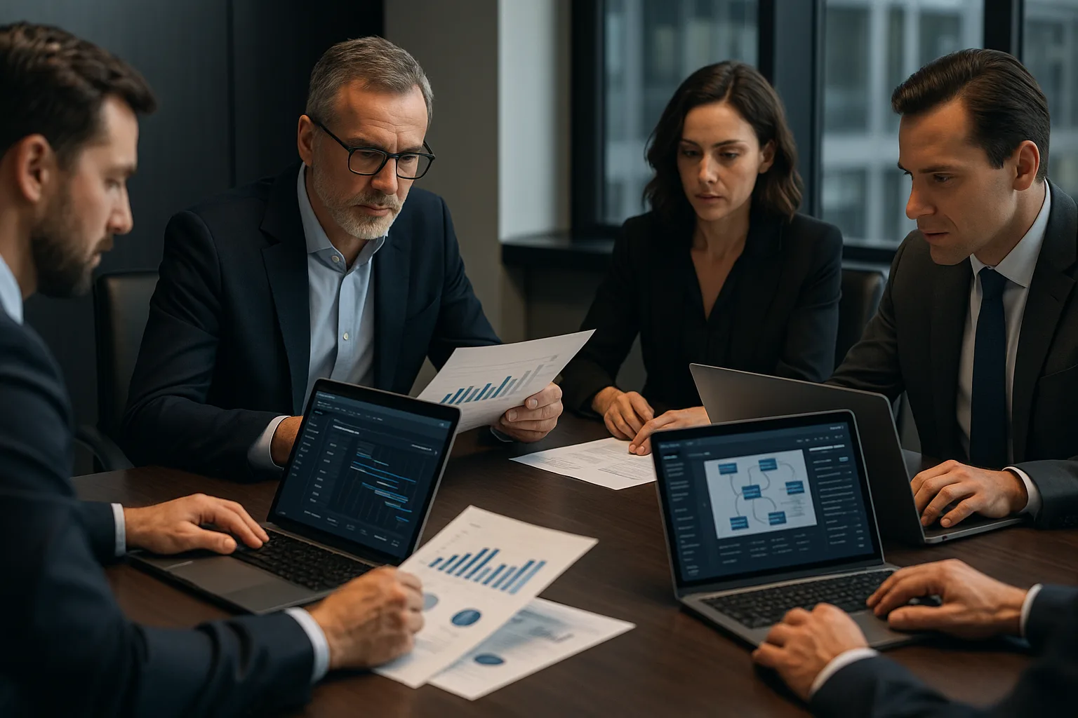 Gestores em ambiente executivo analisando custos e integrações de software sob medida em notebooks, com telas exibindo gráficos e fluxos de dados, cenário corporativo moderno e sofisticado.