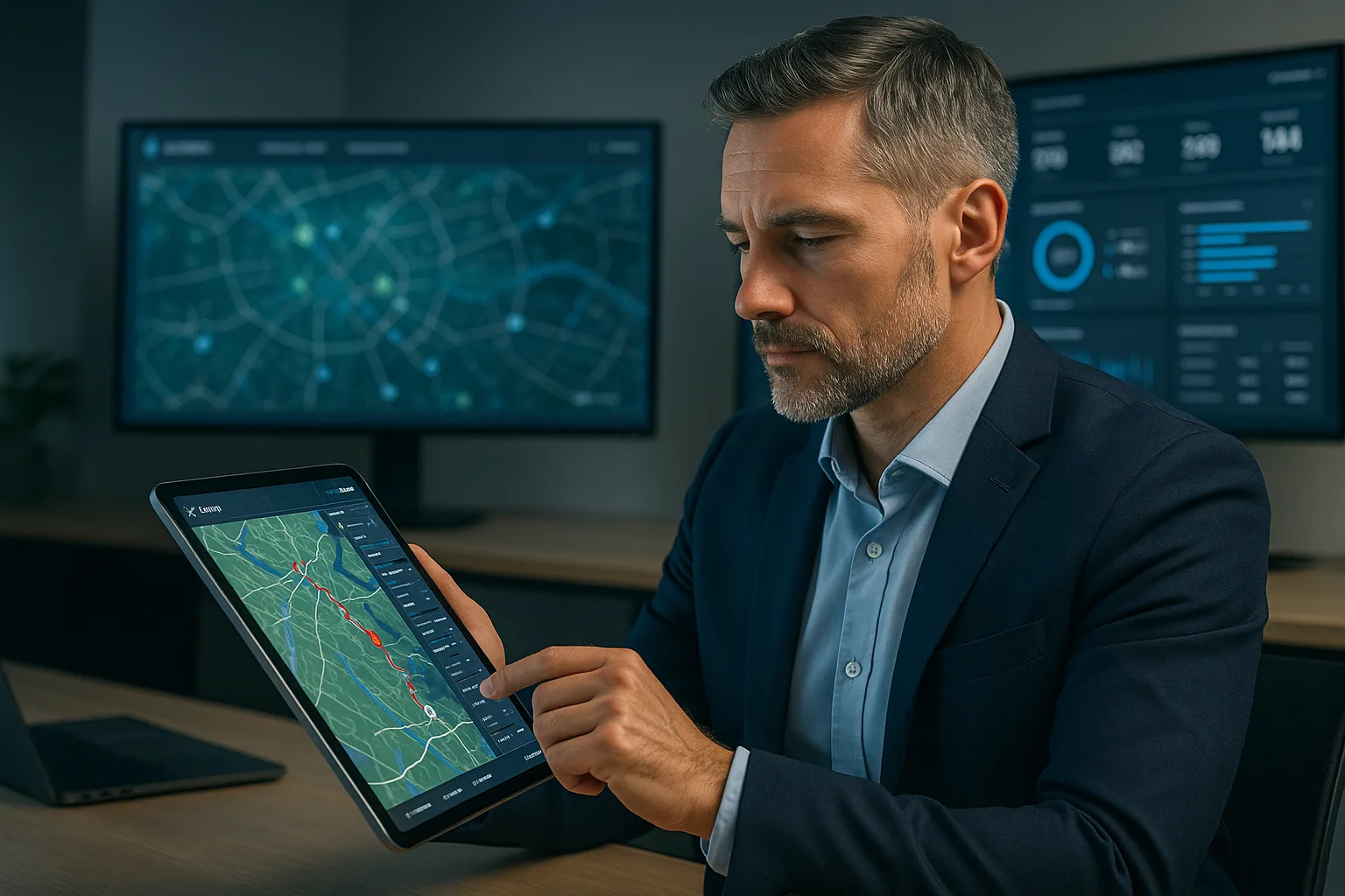 Executivo de logística analisando aplicativo mobile de operações em ambiente corporativo moderno, com mapas e eventos em tempo real.