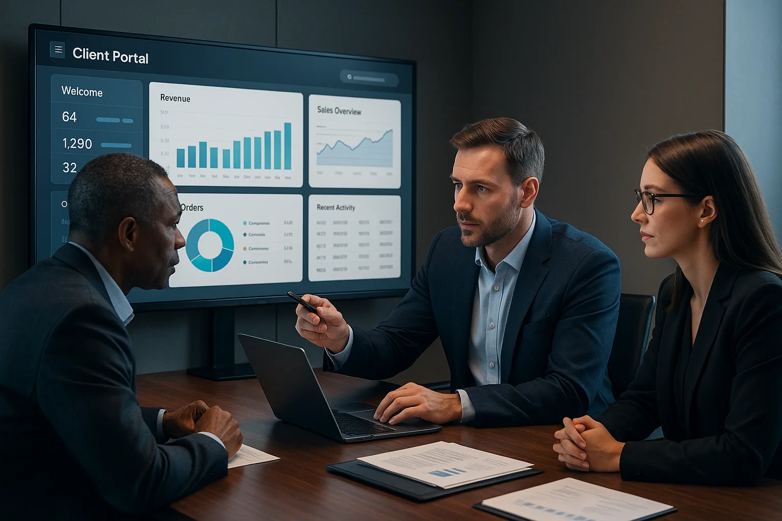 Executivos em ambiente corporativo moderno analisando portal do cliente B2B em tela grande, com gráficos e dados integrados, cena profissional e sofisticada.