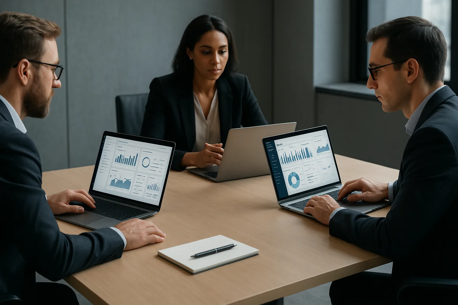 Profissionais em ambiente executivo moderno analisando dashboards de ERP, CRM e financeiro integrados em notebooks, com atmosfera tecnológica e sofisticada.