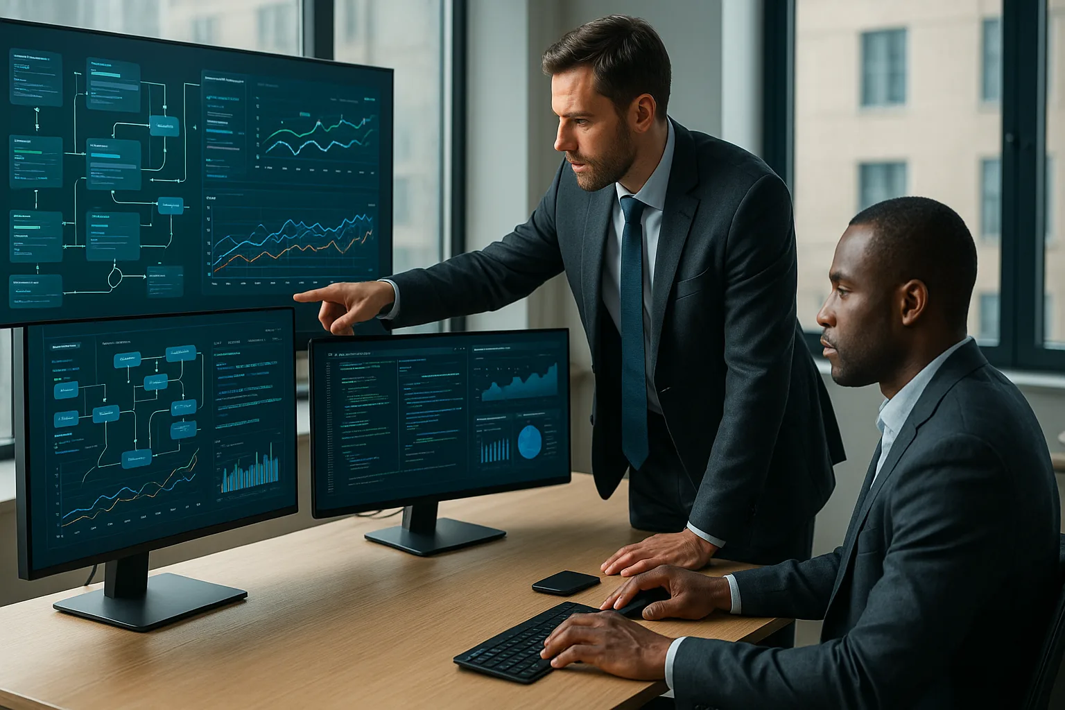 Profissionais em escritório moderno analisando painéis digitais com integração de sistemas, representando modernização tecnológica corporativa.
