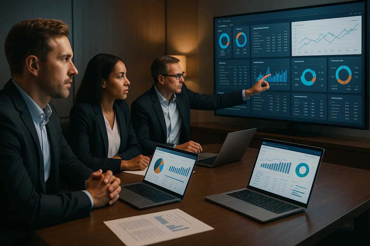 Profissionais em ambiente corporativo moderno analisando dados em notebooks e telas, simbolizando a transição de planilhas para sistema sob medida.