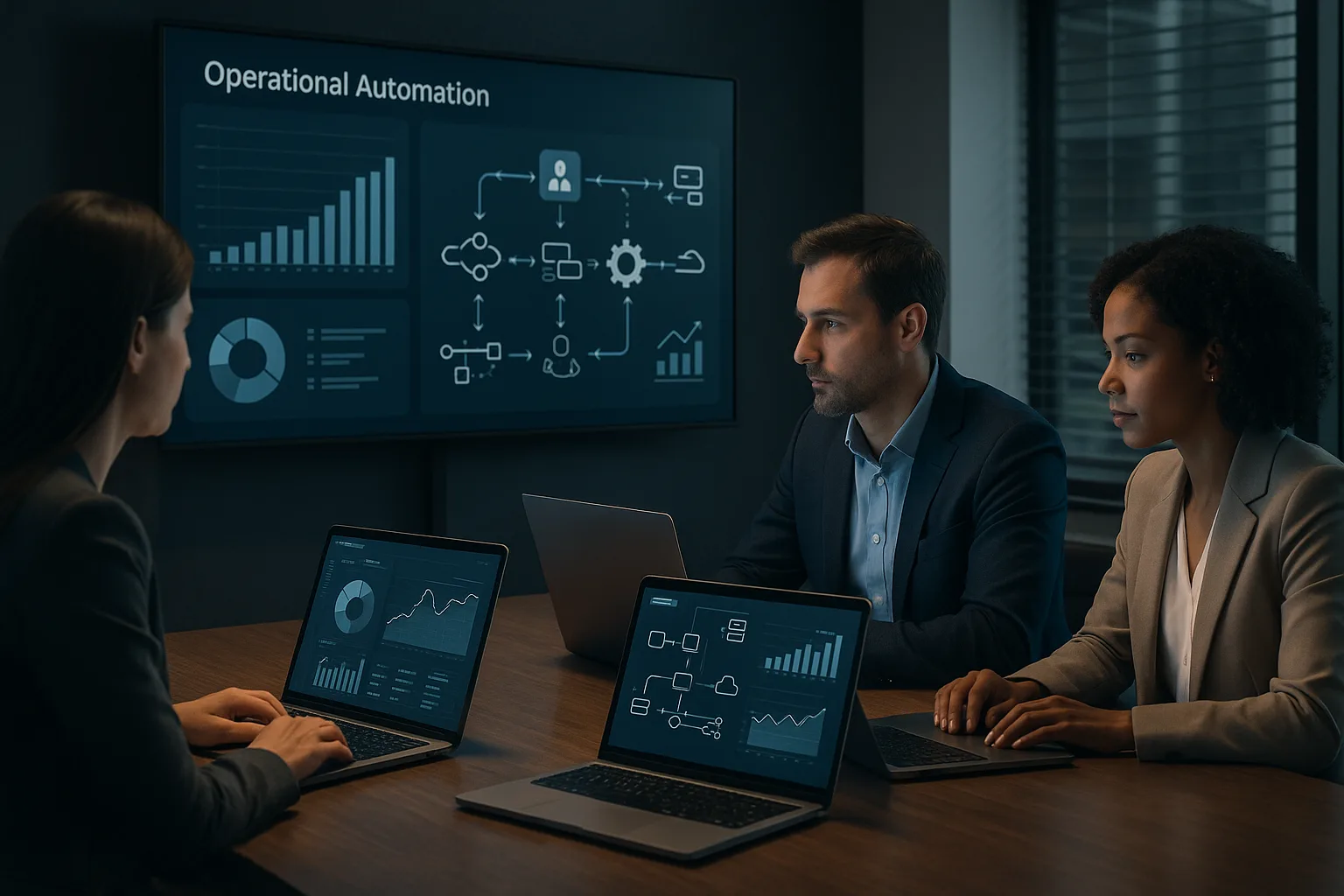 Profissionais em ambiente executivo moderno analisando dashboards de automação operacional em notebooks e telas grandes, representando redução de retrabalho e integração de sistemas.