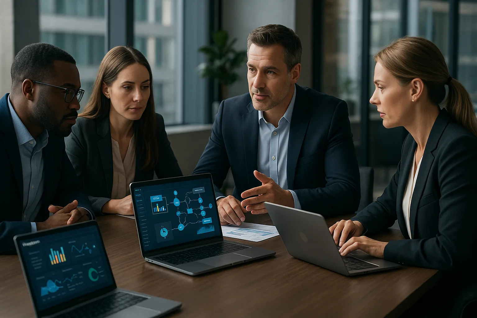 Profissionais em ambiente executivo moderno analisando fluxos de integração entre sistemas em notebooks, representando arquitetura de integração corporativa.